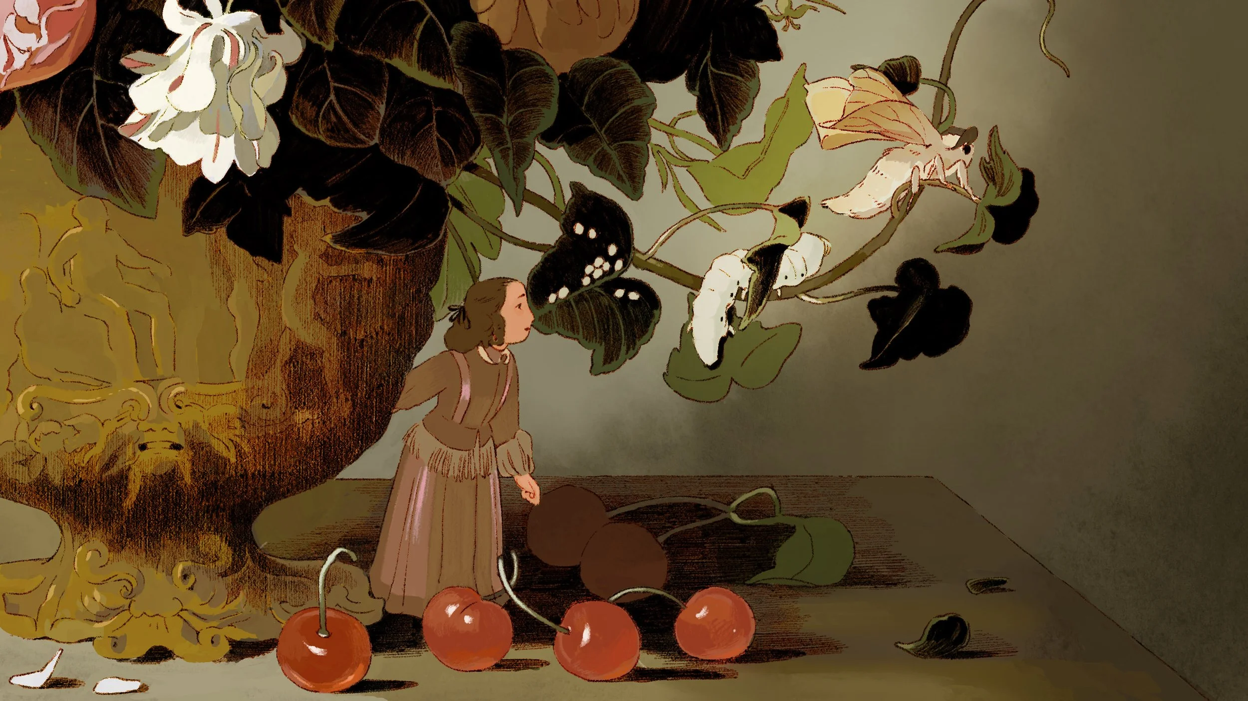 An imaginative illustration of a miniature Maria Sibylla Merian standing on a desk beside a large vase overflowing with plants. She gazes intently at oversized insects, emphasizing her childhood wonder and deep curiosity about the natural world.