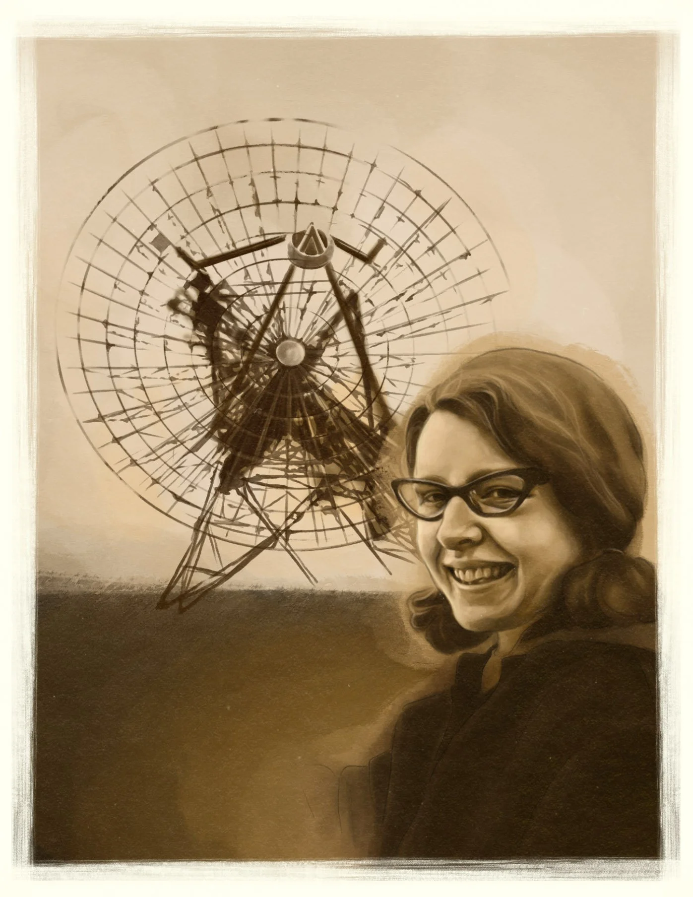 Illustration of Jocelyn Bell Burnell standing before a large radio telescope.
