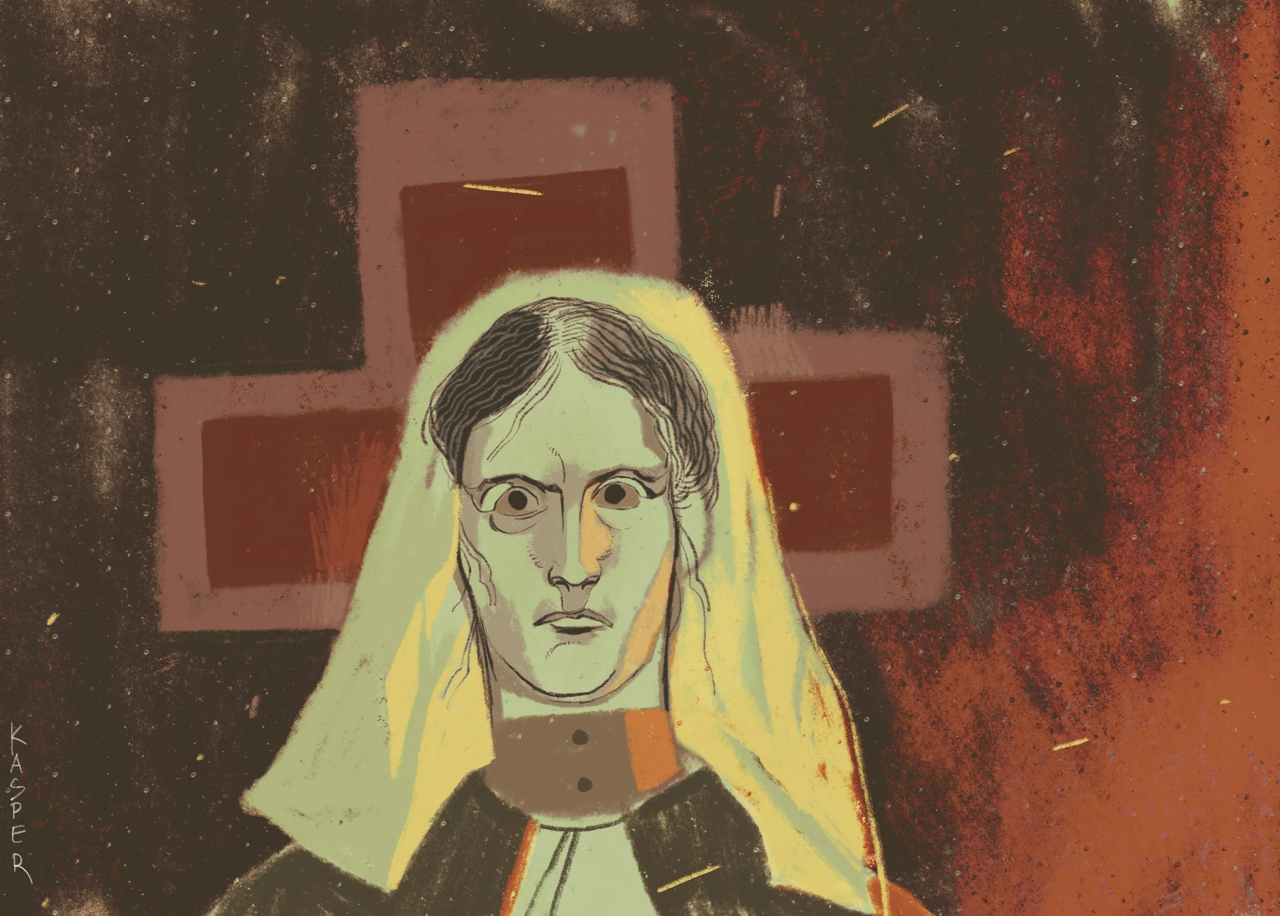 Illustration of Lise Meitner in nurse’s attire during the First World War, referencing her work as an X-ray technician and nurse in a military hospital.
