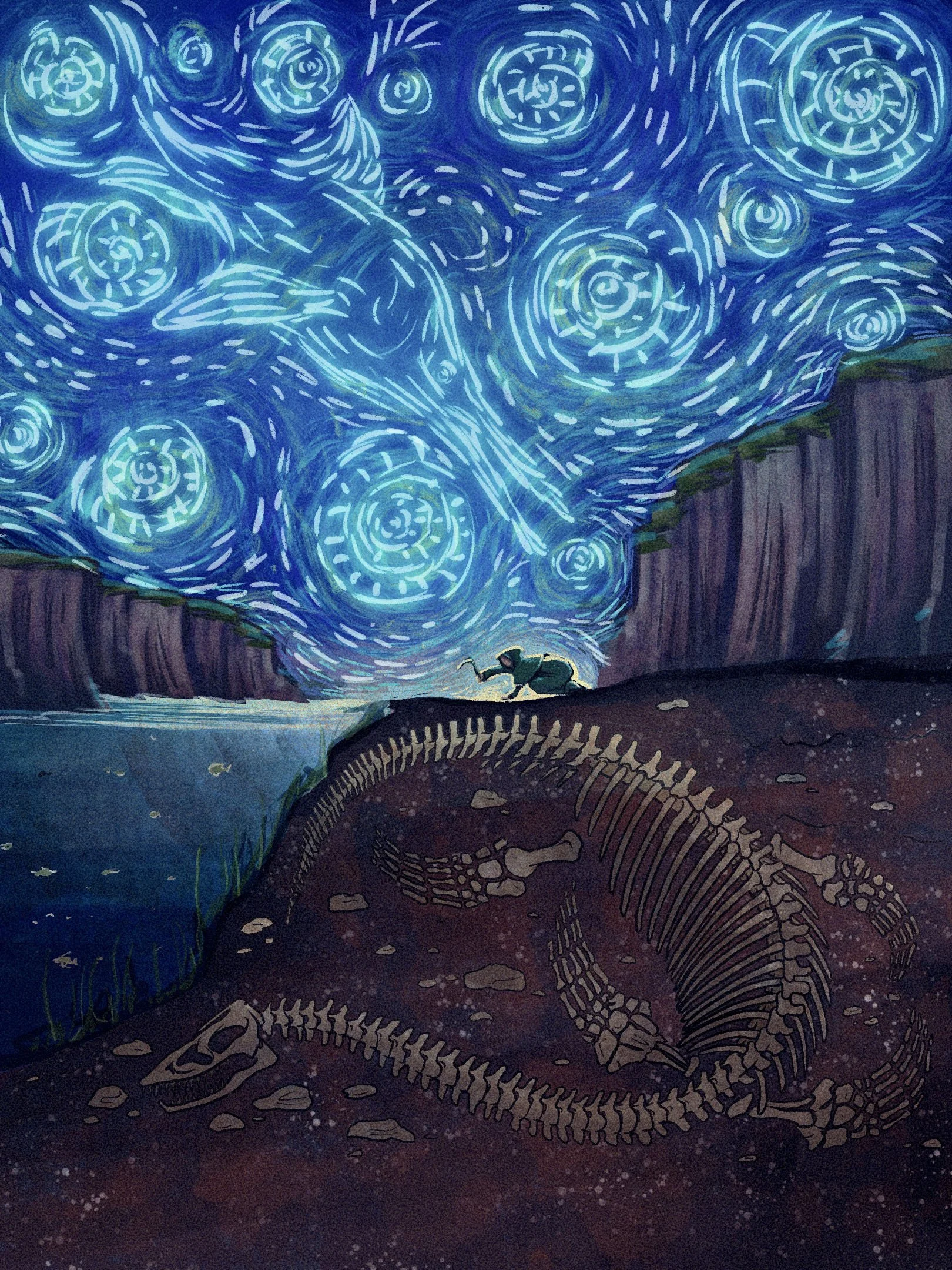 Illustration of Mary Anning kneeling on the ground and carefully excavating a plesiosaur fossil just below the surface. Above her, ammonites and an ichthyosaur appear in the sky with blue lines, symbolically representing her other fossil discoveries.