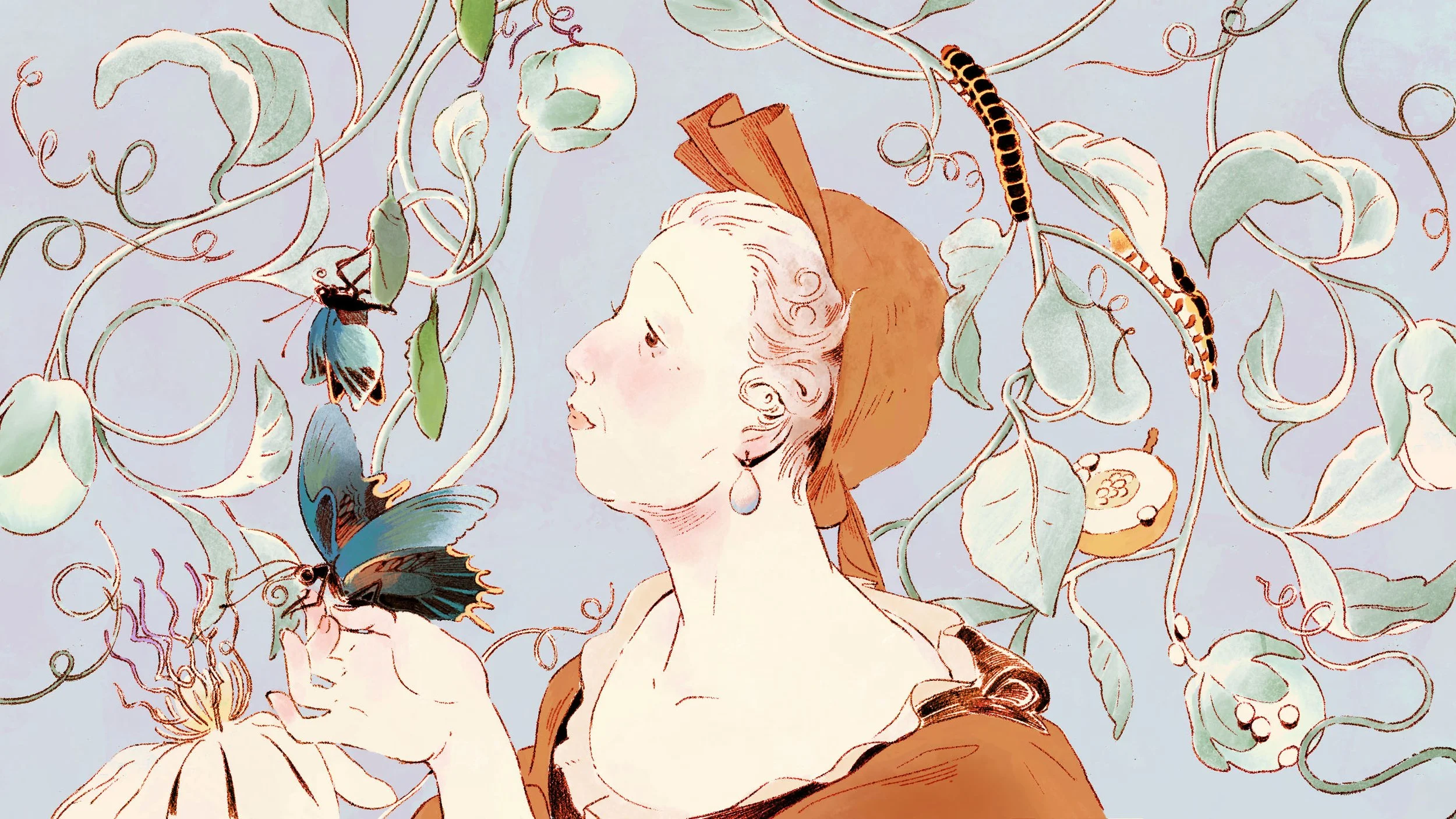 Illustration of Maria Sibylla Merian’s bust in the center, surrounded by plants, insects, and other flora and fauna she interacted with.
