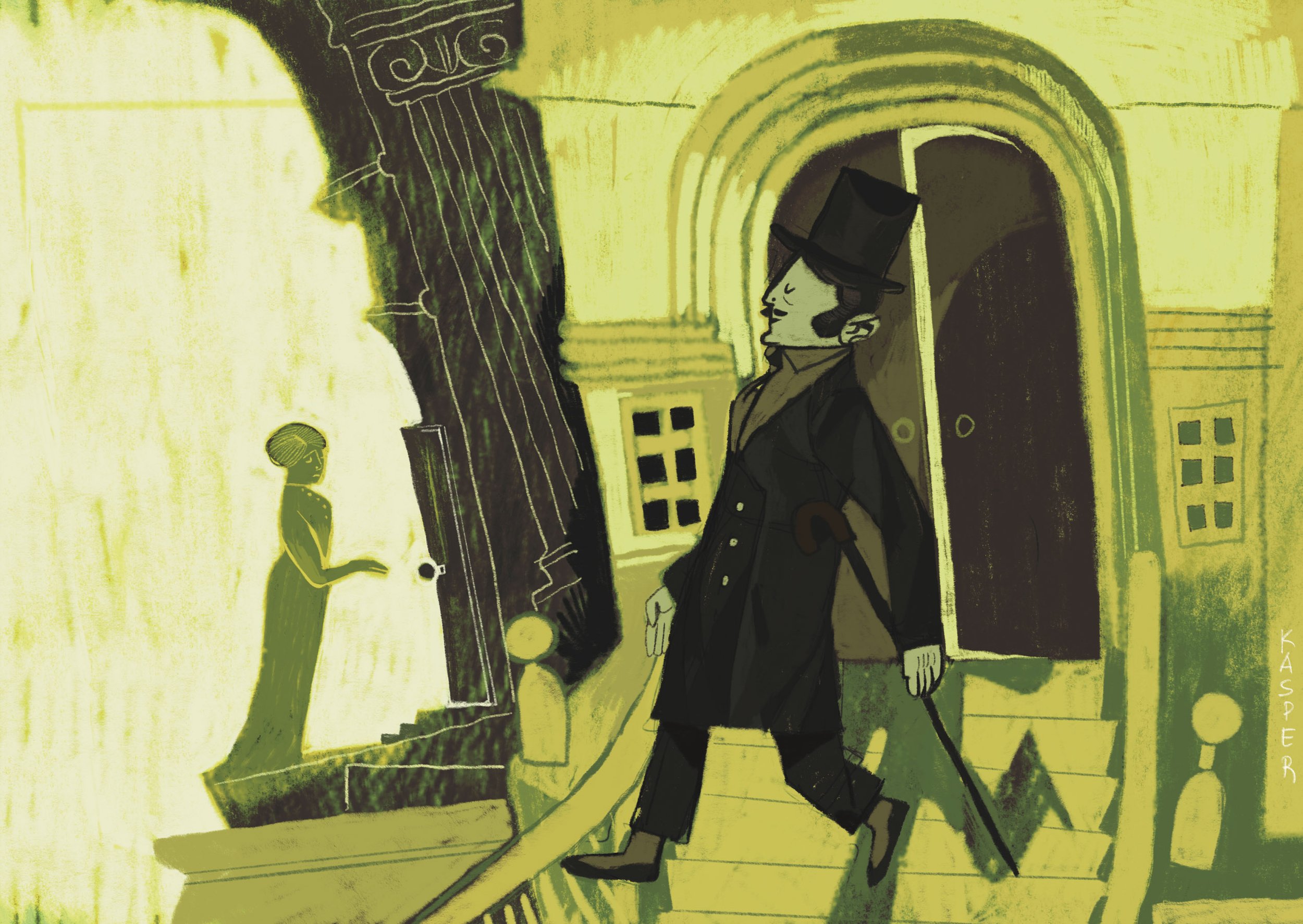 Illustration of Lise Meitner entering a scientific institute through a side entrance, reflecting the restrictions placed on women in Berlin laboratories in the early twentieth century.