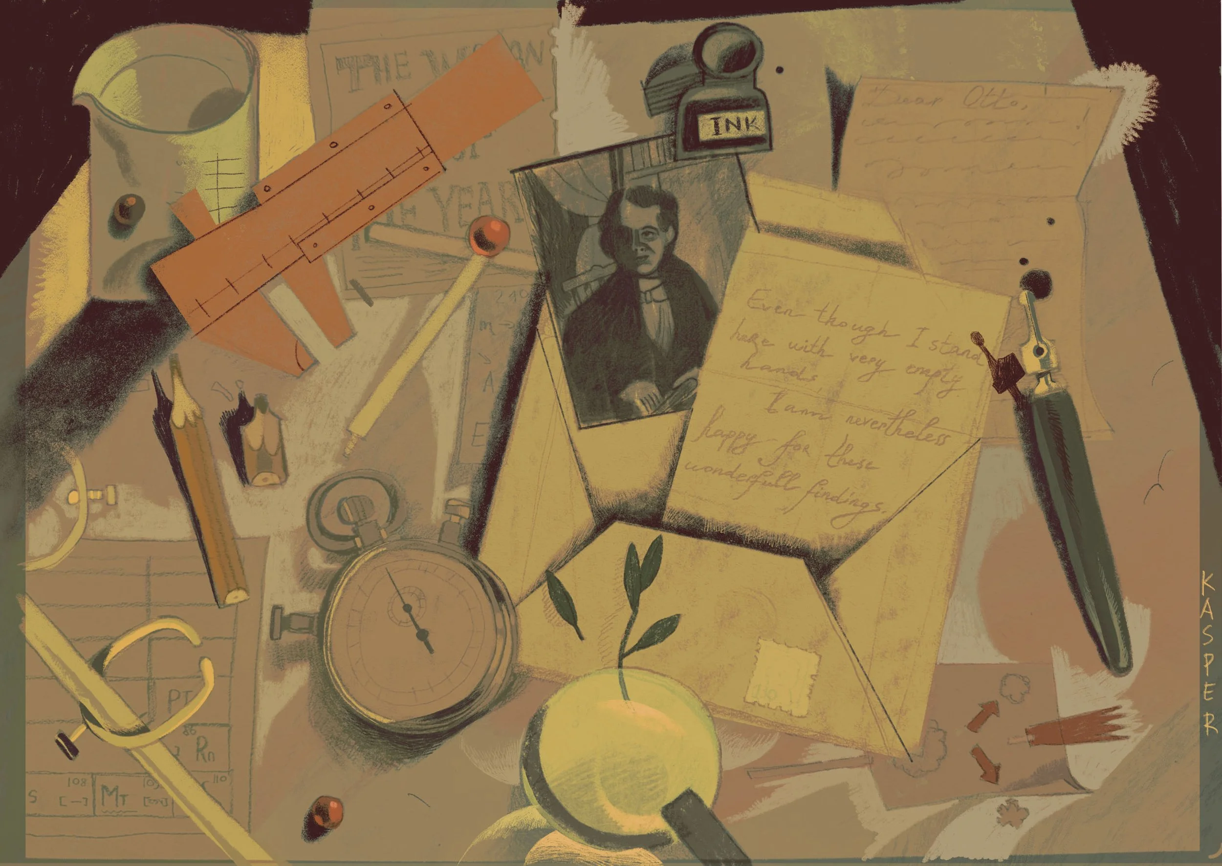 Illustrated tabletop view of Lise Meitner’s working desk, featuring writing tools, papers, personal objects, and an image of Meitner, evoking the material world of her scientific life.