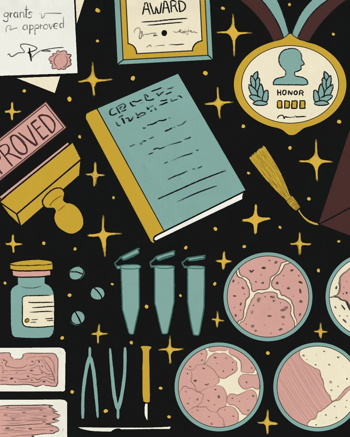 Illustration of Jewel Plummer Cobb’s hands peeling back layers to open space and opportunity for people of colour in science and education.