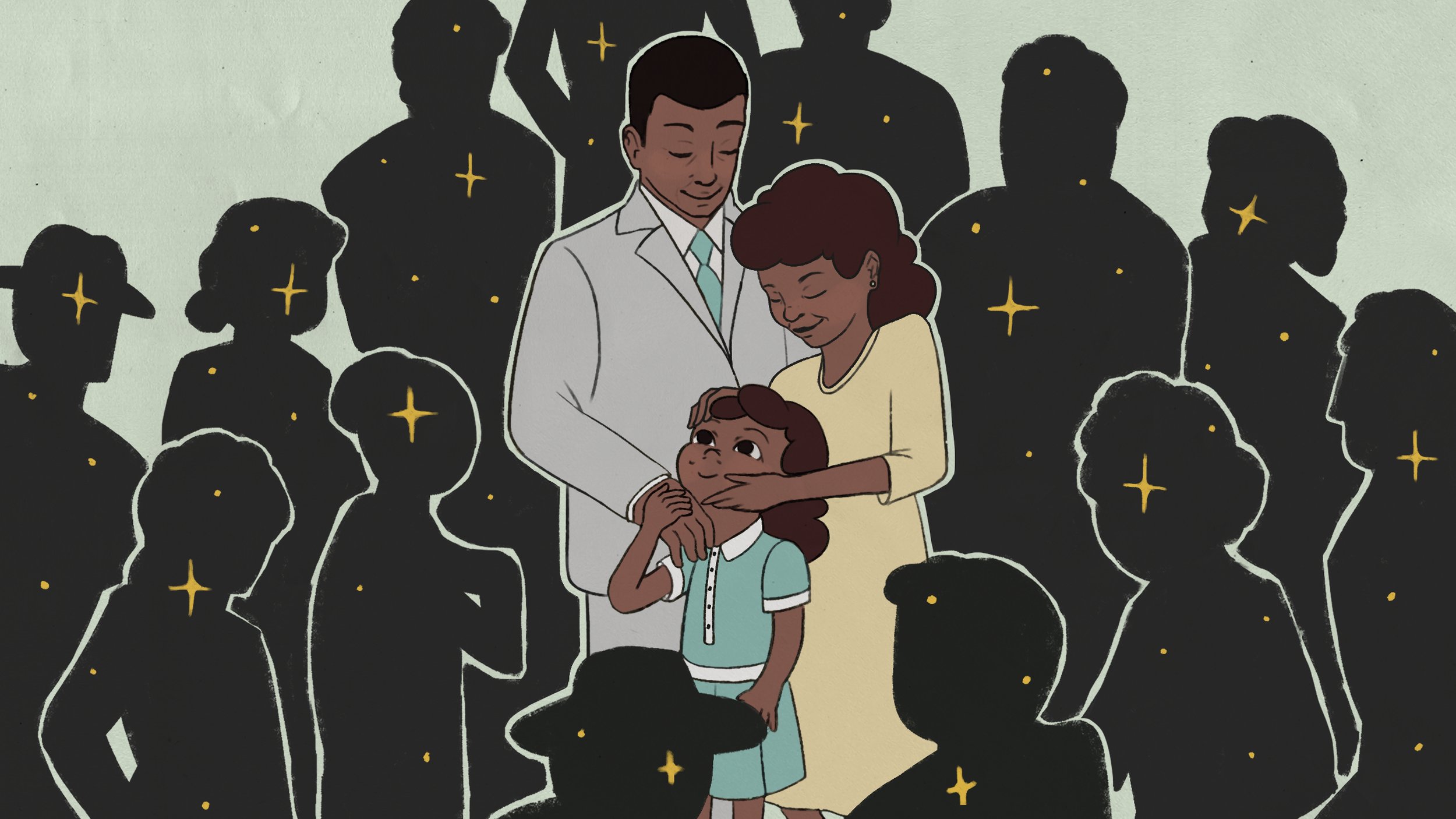 Illustration of Jewel Plummer Cobb surrounded by members of her family and ancestors, representing the Cole-Plummer family’s legacy of education, artistry, medicine, and resilience.