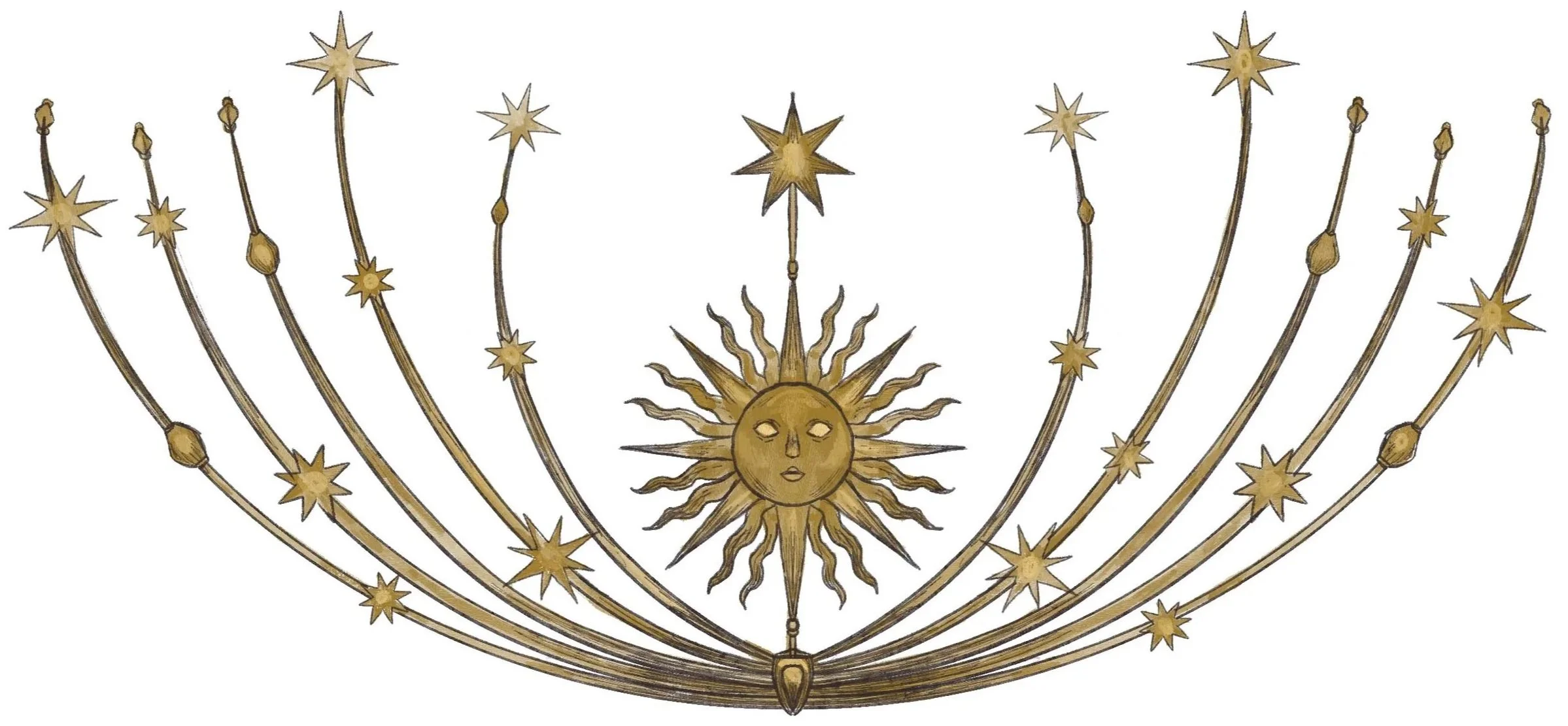 A stylized celestial illustration shows stars, the sun, and planetary forms arranged in a curved U-shaped composition, evoking the heavens Hypatia studied through mathematics and astronomy.