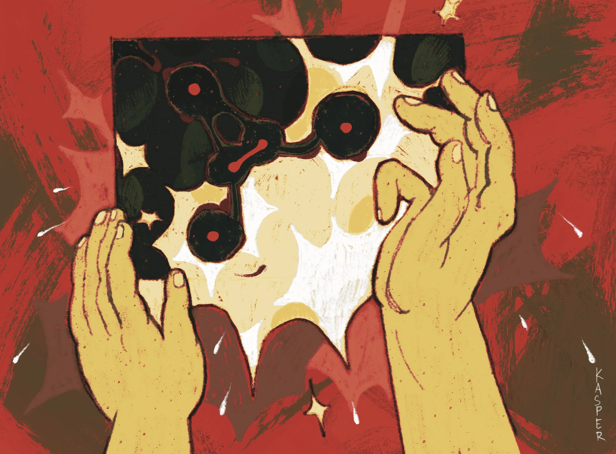 Conceptual illustration reimagining Lise Meitner’s explanation of nuclear fission, showing a heavy atomic nucleus splitting into smaller parts and releasing energy.