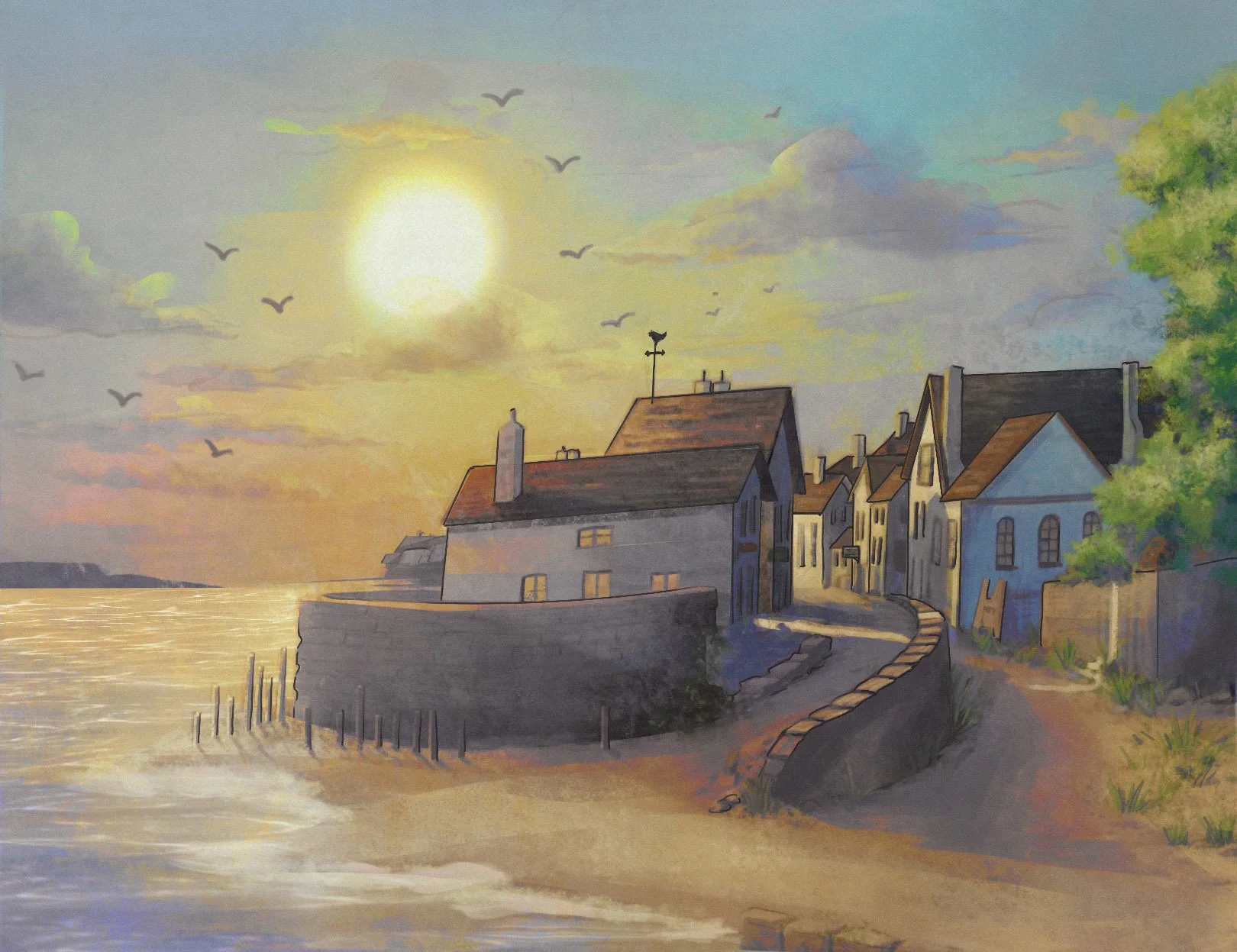 Illustration of Mary Anning’s home by the sea in Lyme Regis, showing the coastal setting where she lived and worked near the cliffs and shoreline.