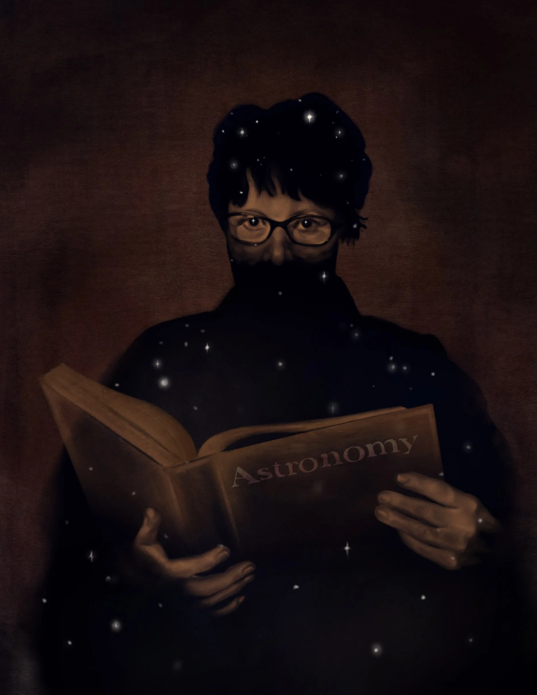 Illustration of Jocelyn Bell Burnell later in life, her silhouette filled with stars, holding an astronomy book with her eyes in sharp focus.