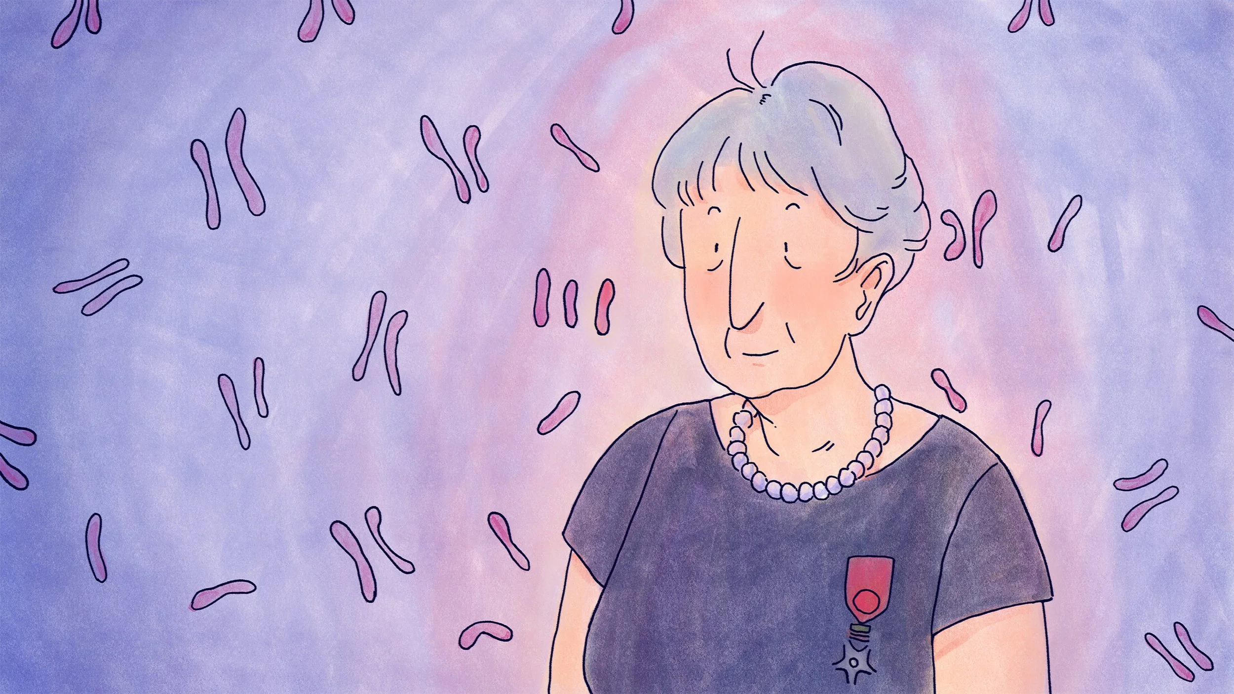 Illustration of an older Marthe Gautier with stylized chromosomes in the background, evoking her scientific legacy.