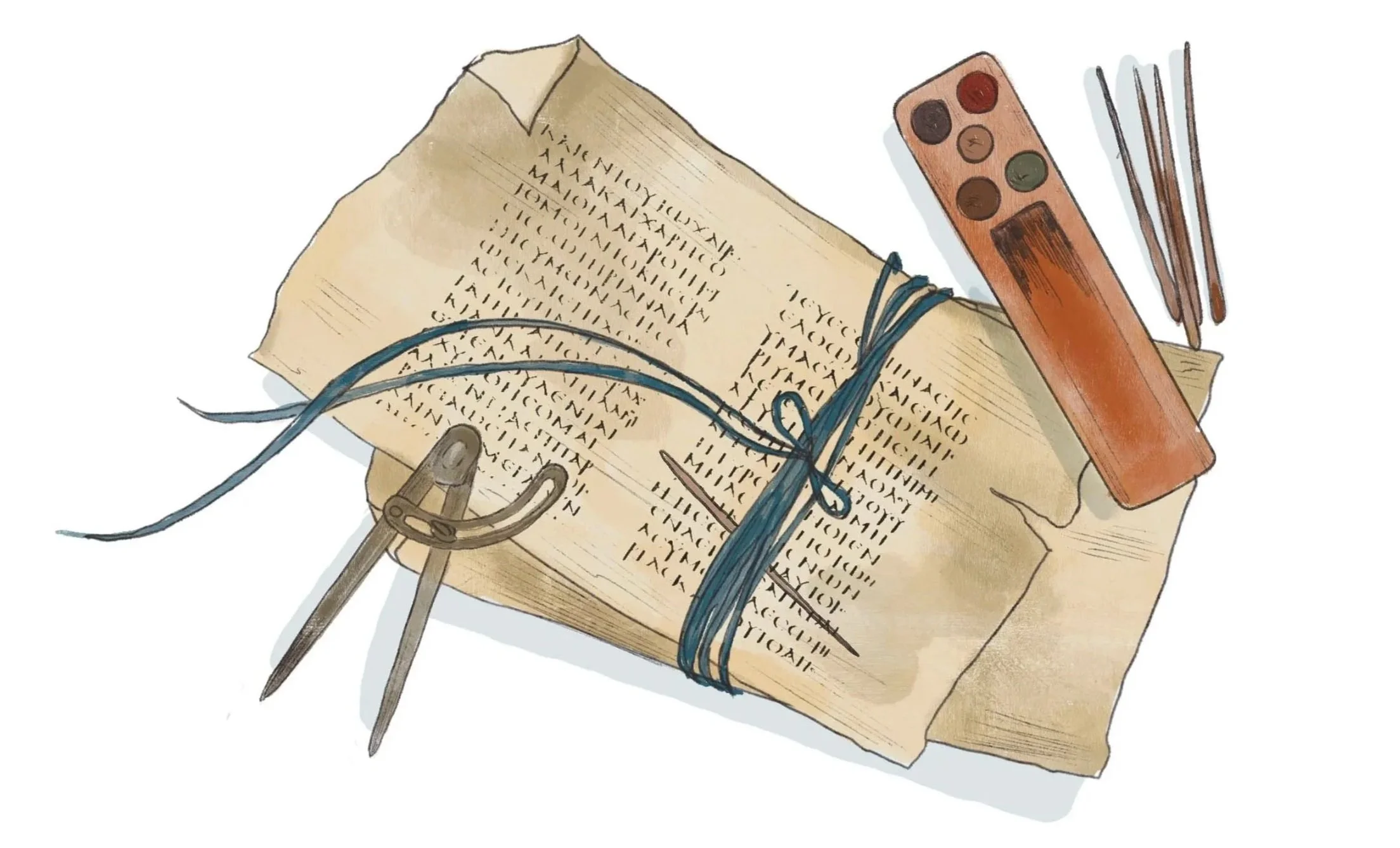 An illustration of scrolls, writing tools, and ancient scientific instruments associated with Hypatia’s scholarly work, suggesting the materials she used to teach, calculate, and comment on mathematical and astronomical texts.