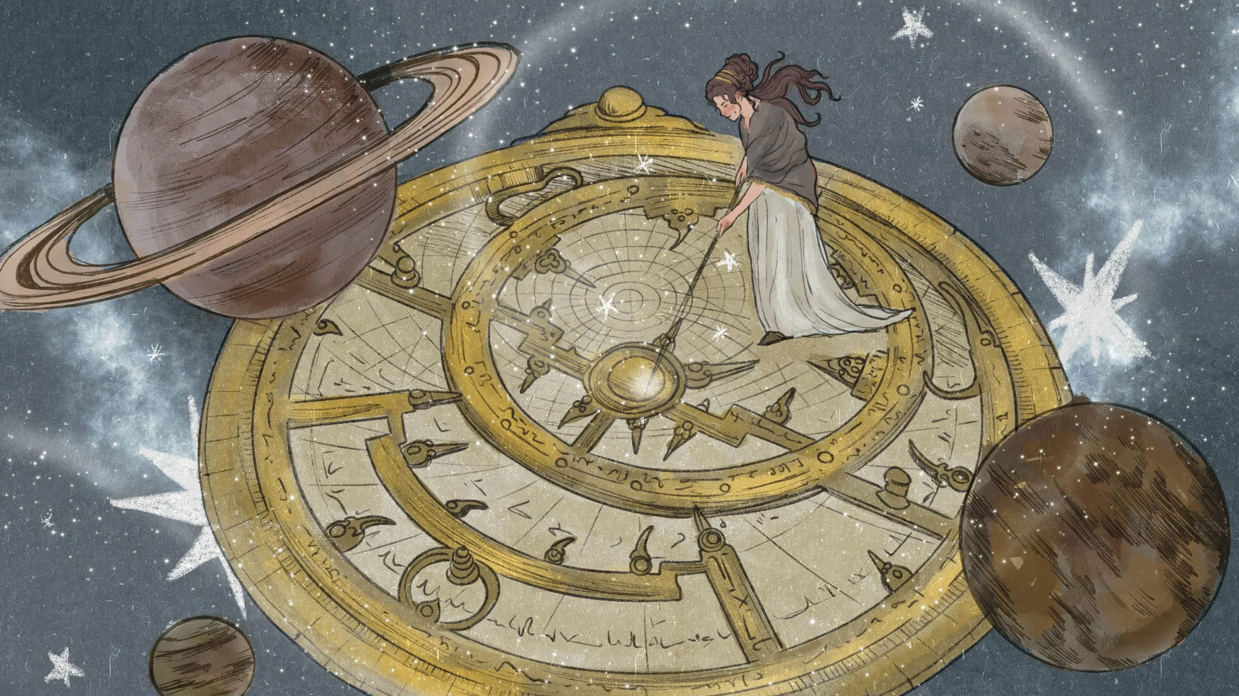 A symbolic illustration shows Hypatia standing on a large astrolabe-like instrument, surrounded by planets and celestial forms, representing her work in mathematics, astronomy, and scientific teaching in late antique Alexandria.