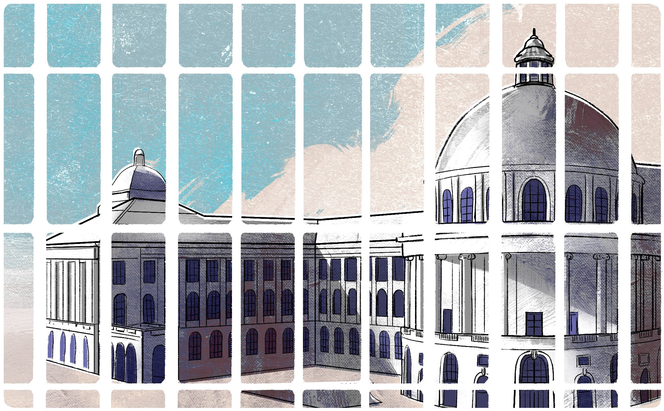 Illustration of Spielrein’s view of the University of Zürich through barred windows of the Burghölzli Psychiatric Hospital.