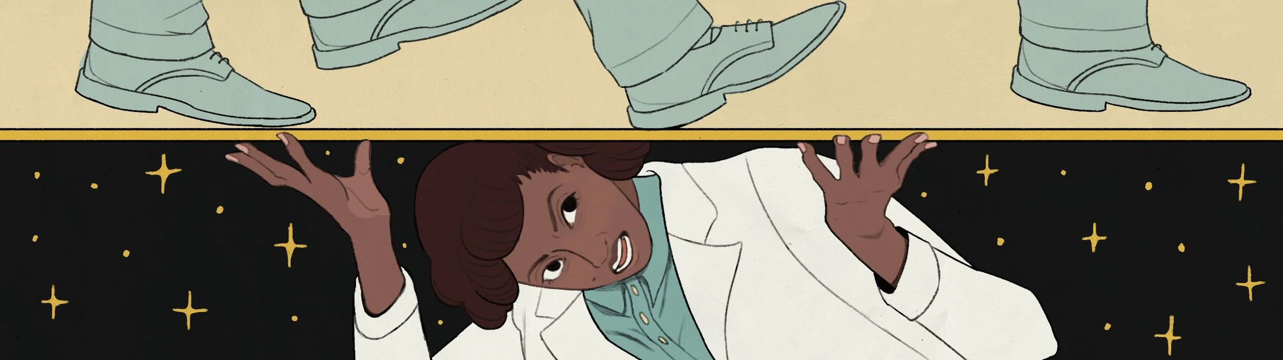 Illustration of Jewel Plummer Cobb pushing upward from beneath a floor while people walk on steps above her, symbolizing the structural barriers Black women faced in higher education.