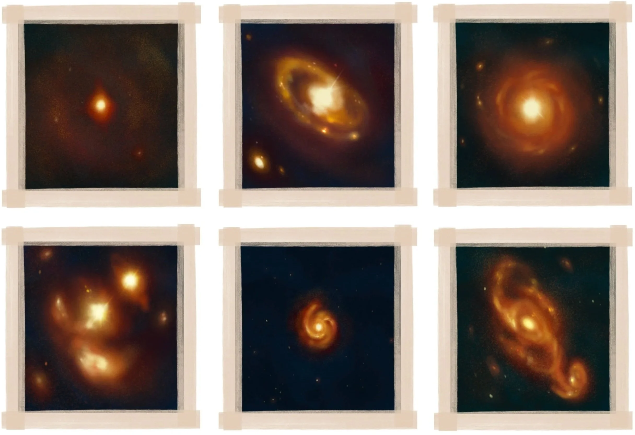 Six illustrated quasars, reflecting the astronomical discoveries that defined Bell Burnell’s Ph.D. years.