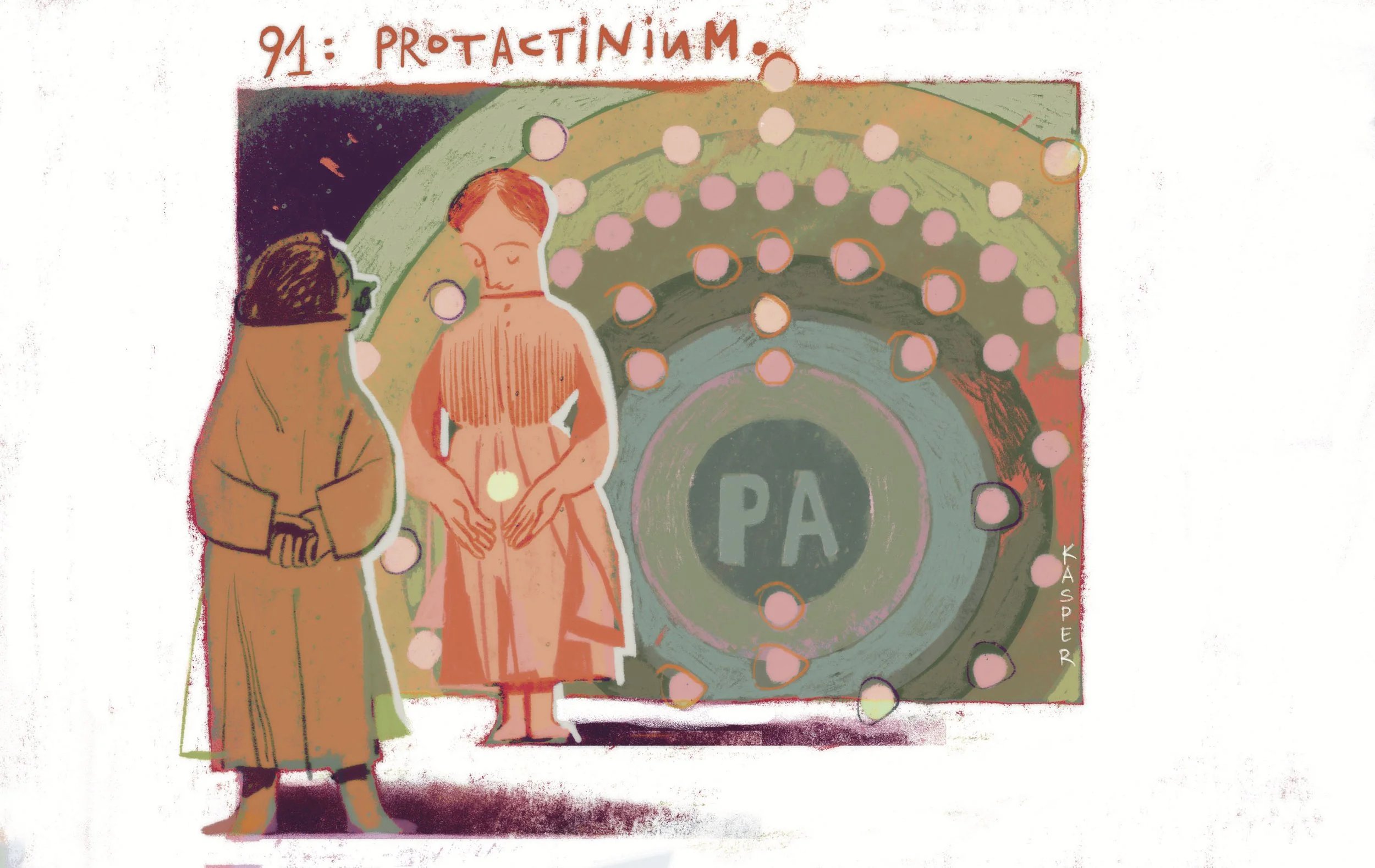 Illustration representing Lise Meitner’s role in the discovery of protactinium, with visual references to radioactivity, laboratory research, and the periodic table.