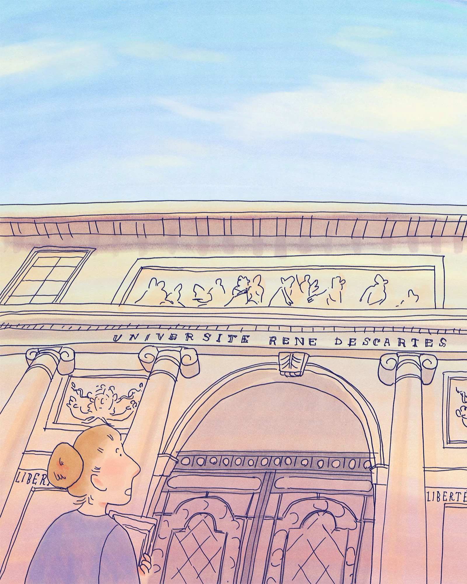 Illustration of a young Marthe Gautier standing outside a large university building in Paris, looking upward at its facade.