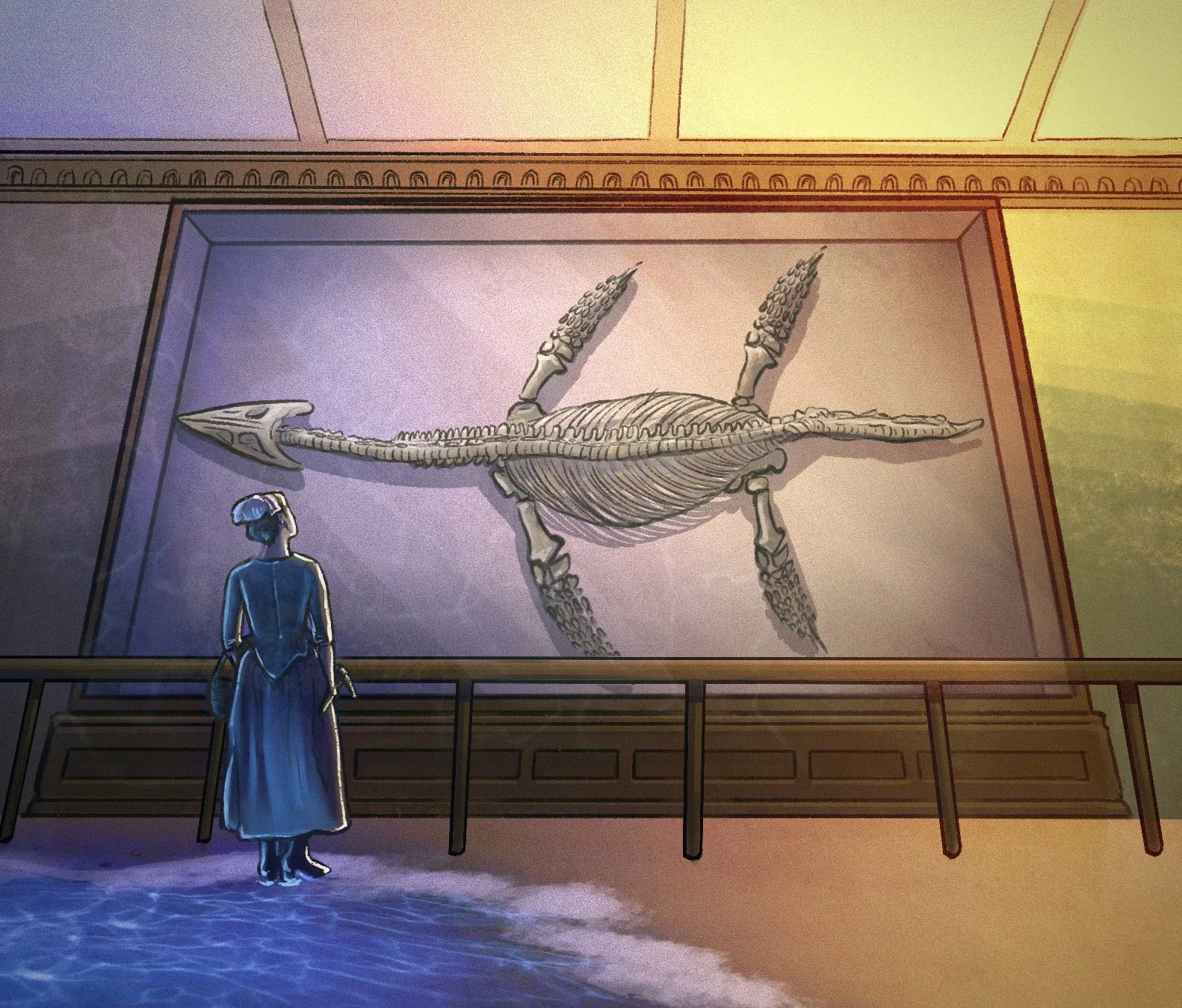 Illustration of Mary Anning standing in front of a fossil she discovered, holding a pickaxe and looking at her work in a museum-like setting, with water at her feet.