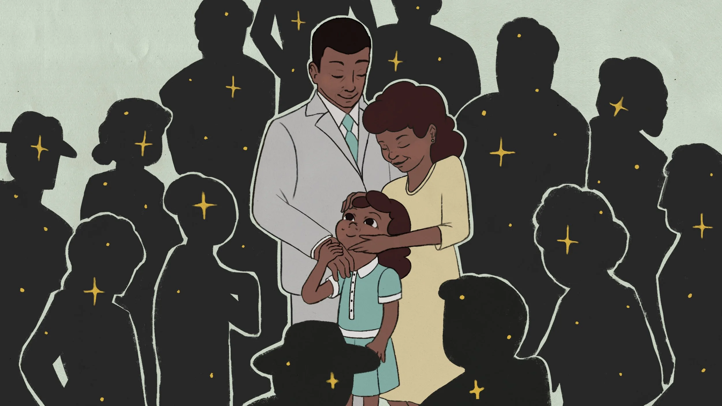 Illustration of Jewel Plummer Cobb surrounded by members of her family and ancestors, representing the Cole-Plummer family’s legacy of education, artistry, medicine, and resilience.