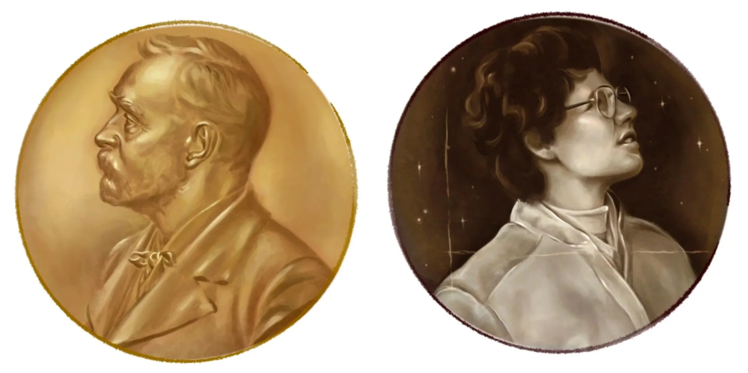 Illustration showing a Nobel Prize medal beside a matching medal bearing the image of Jocelyn Bell Burnell.