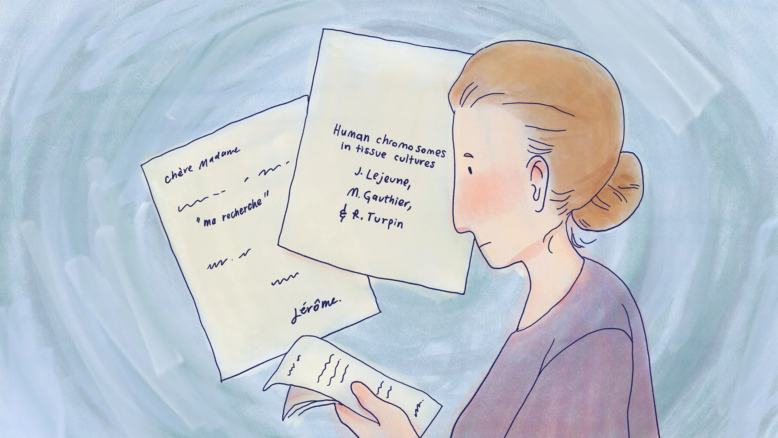 Illustration of Marthe Gautier reading a published scientific paper with a subdued, disheartened expression.