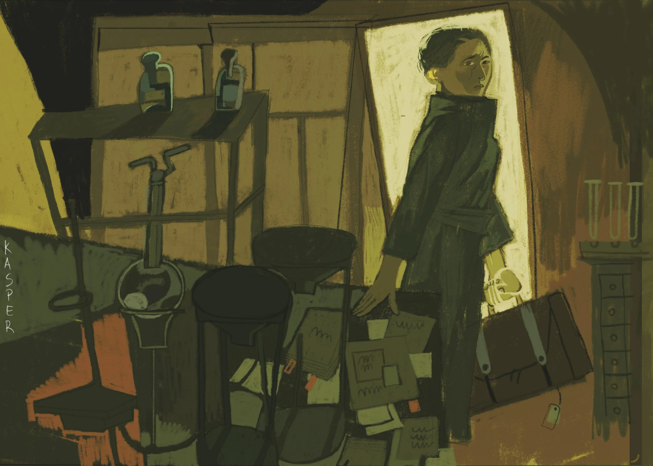Illustration of Lise Meitner leaving Germany with a small suitcase, symbolizing her forced exile in 1938 and the loss of the laboratory she had spent decades building.