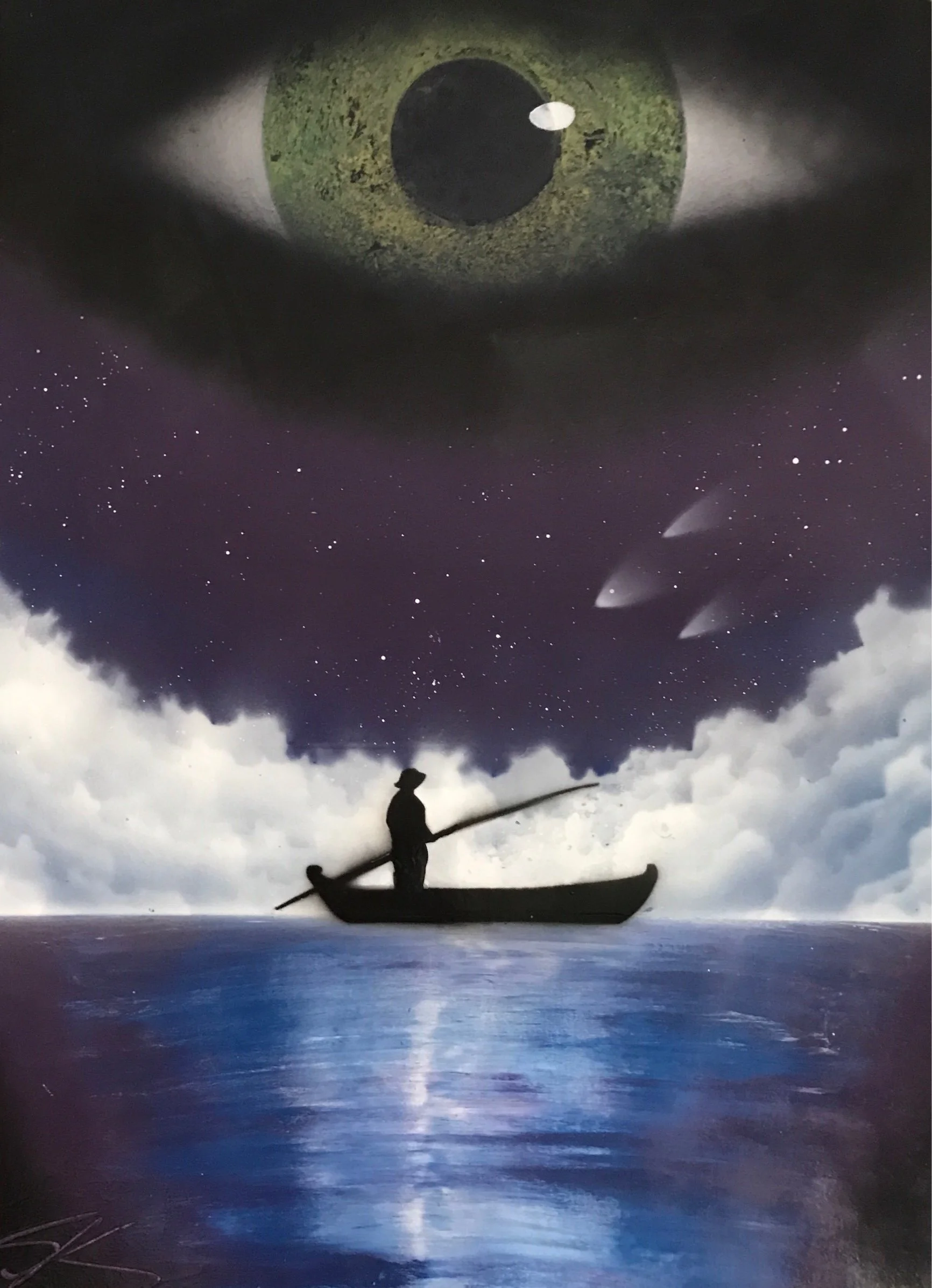 Silhouette of a person in a boat on a calm sea under a starry night sky, with a large eye in the clouds above.