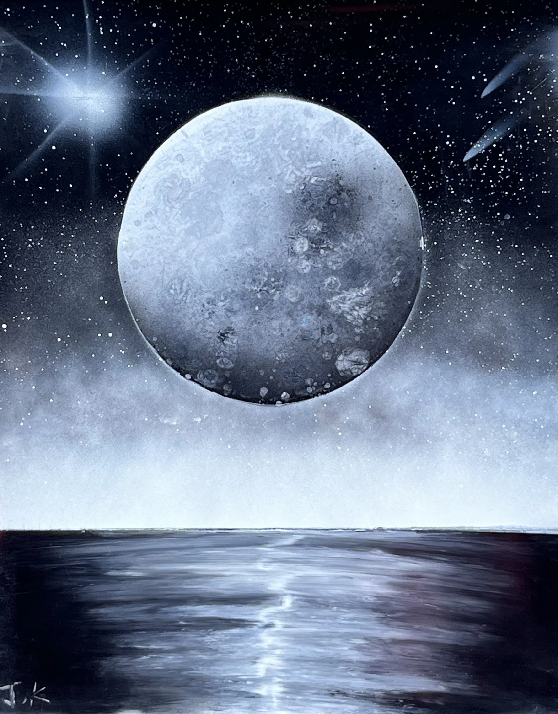Artwork depicting a large moon over an ocean with reflections, surrounded by stars and comets.