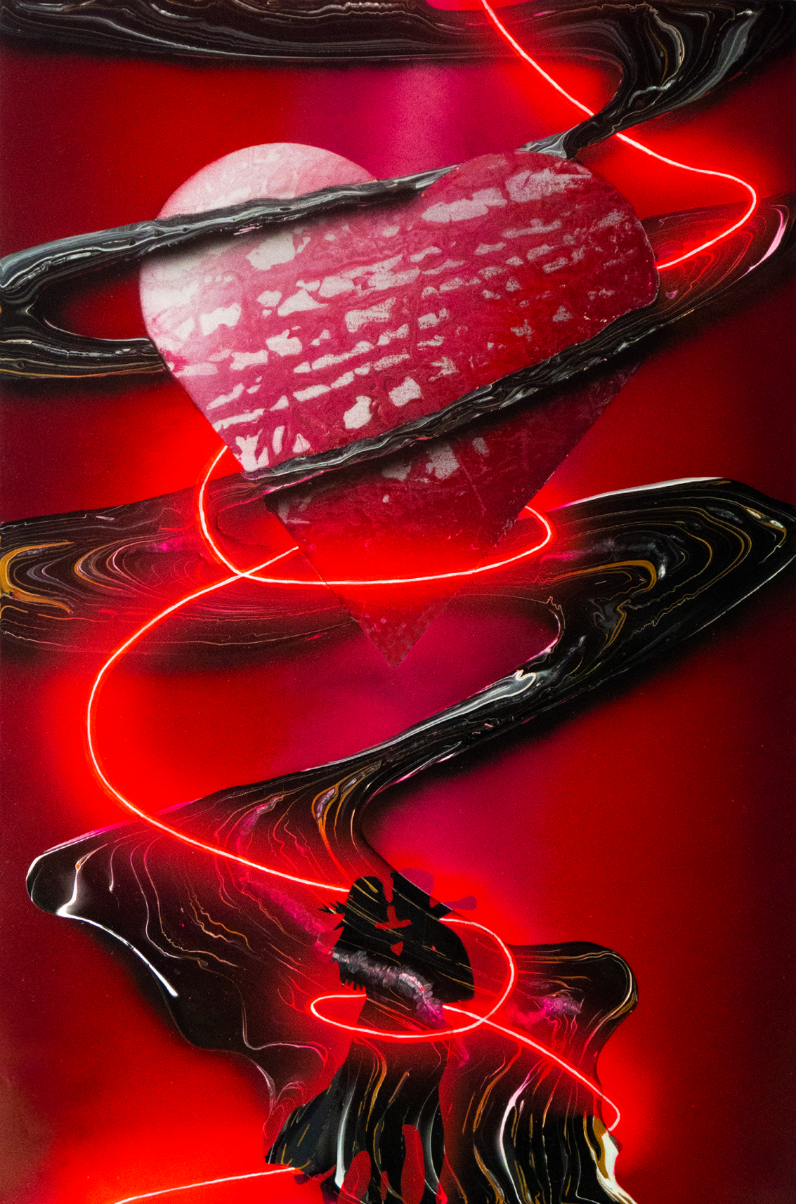 Abstract artwork featuring a red heart surrounded by swirling black and red elements with bright neon lights.