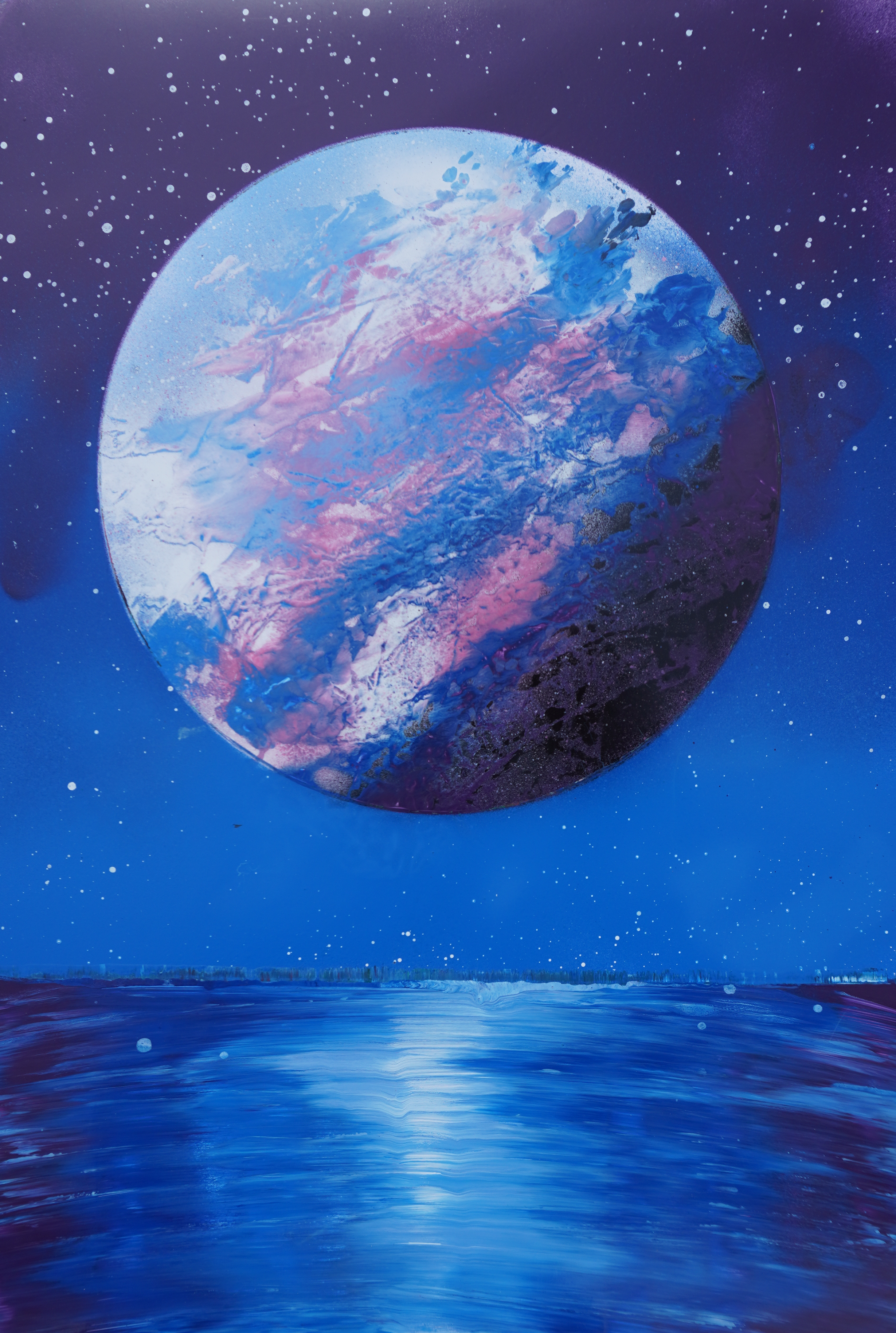 Abstract painting of a colorful planet with purple and blue hues against a starry night sky over a reflective water surface.