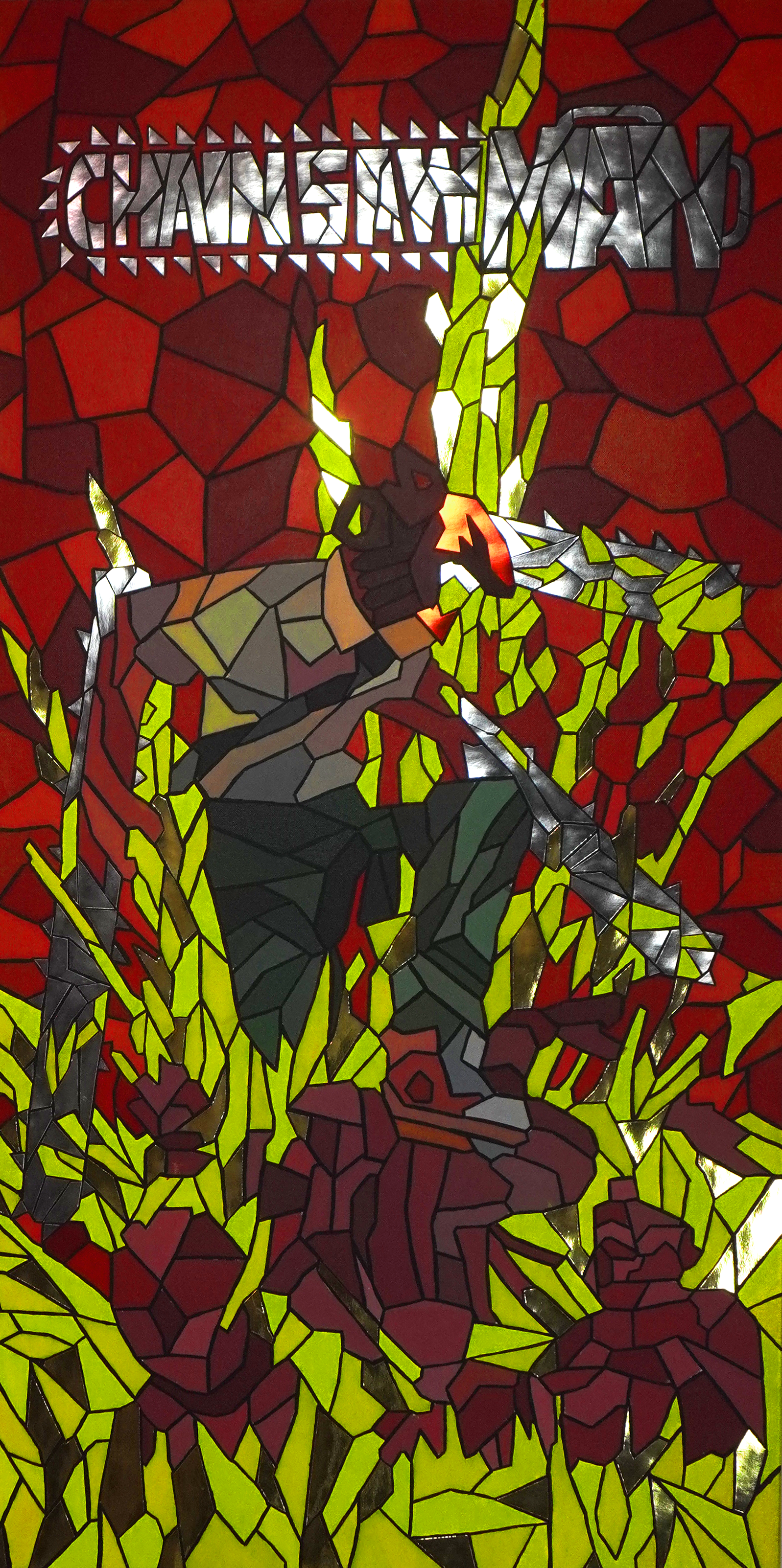 Mosaic-style artwork of a figure with chainsaw arms, surrounded by red and green fragmented patterns, with the text 'CHAINSAW MAN' at the top.