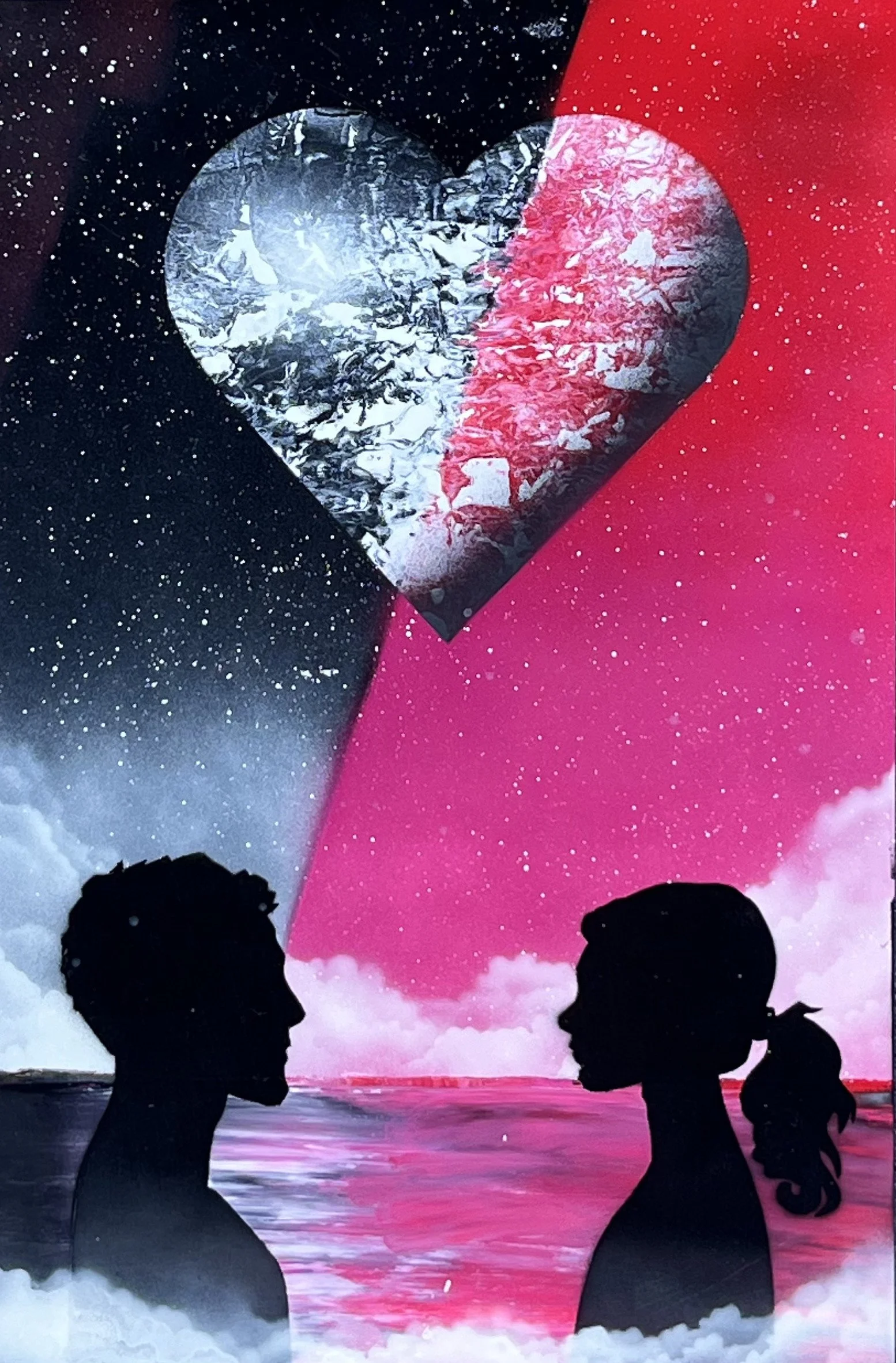 Silhouettes of a man and woman facing each other beneath a heart with black, white, and pink sections. Background features a starry sky transitioning from black to pink.