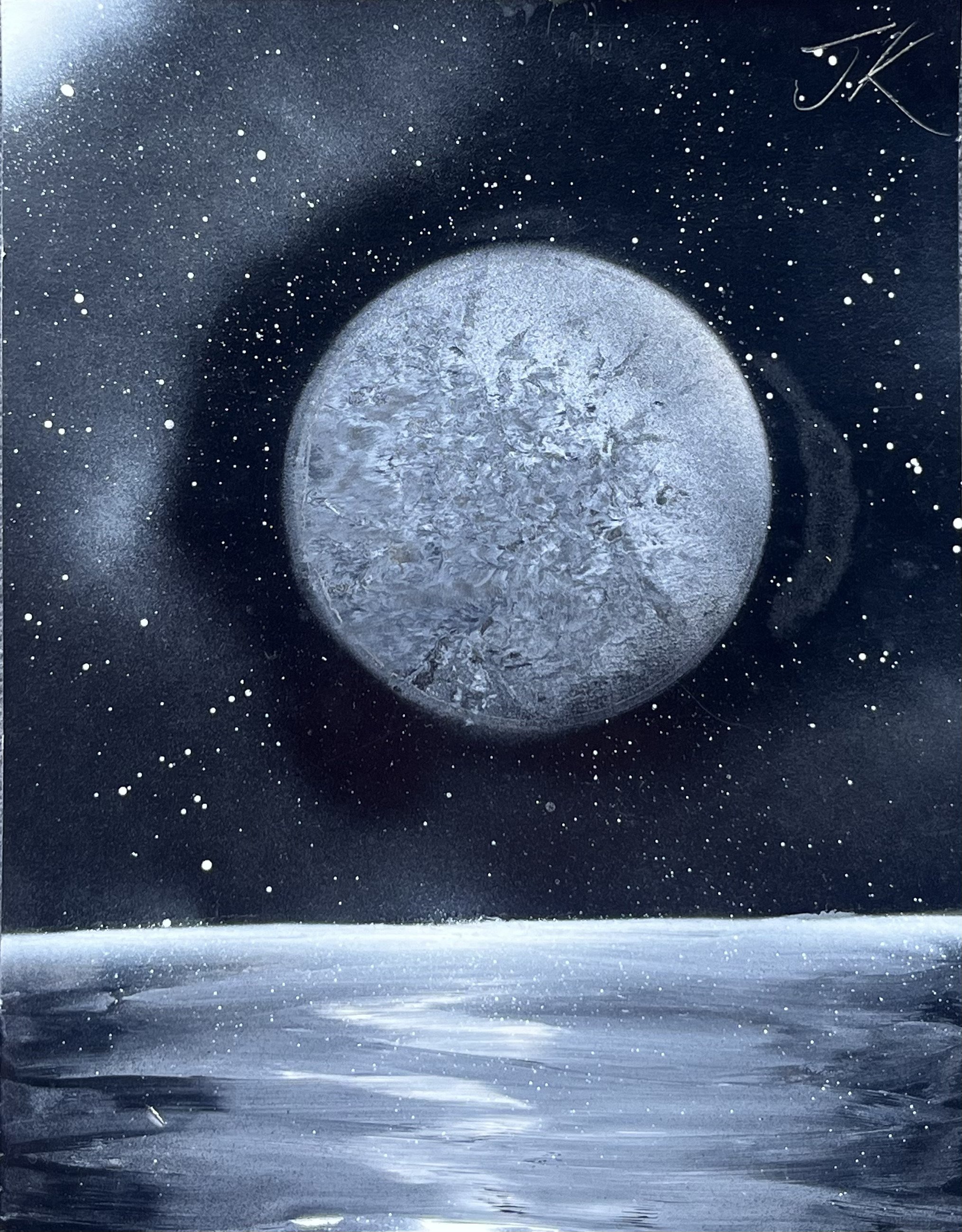 Abstract cosmic scene with a large textured planet and starry night sky over a reflective water surface.