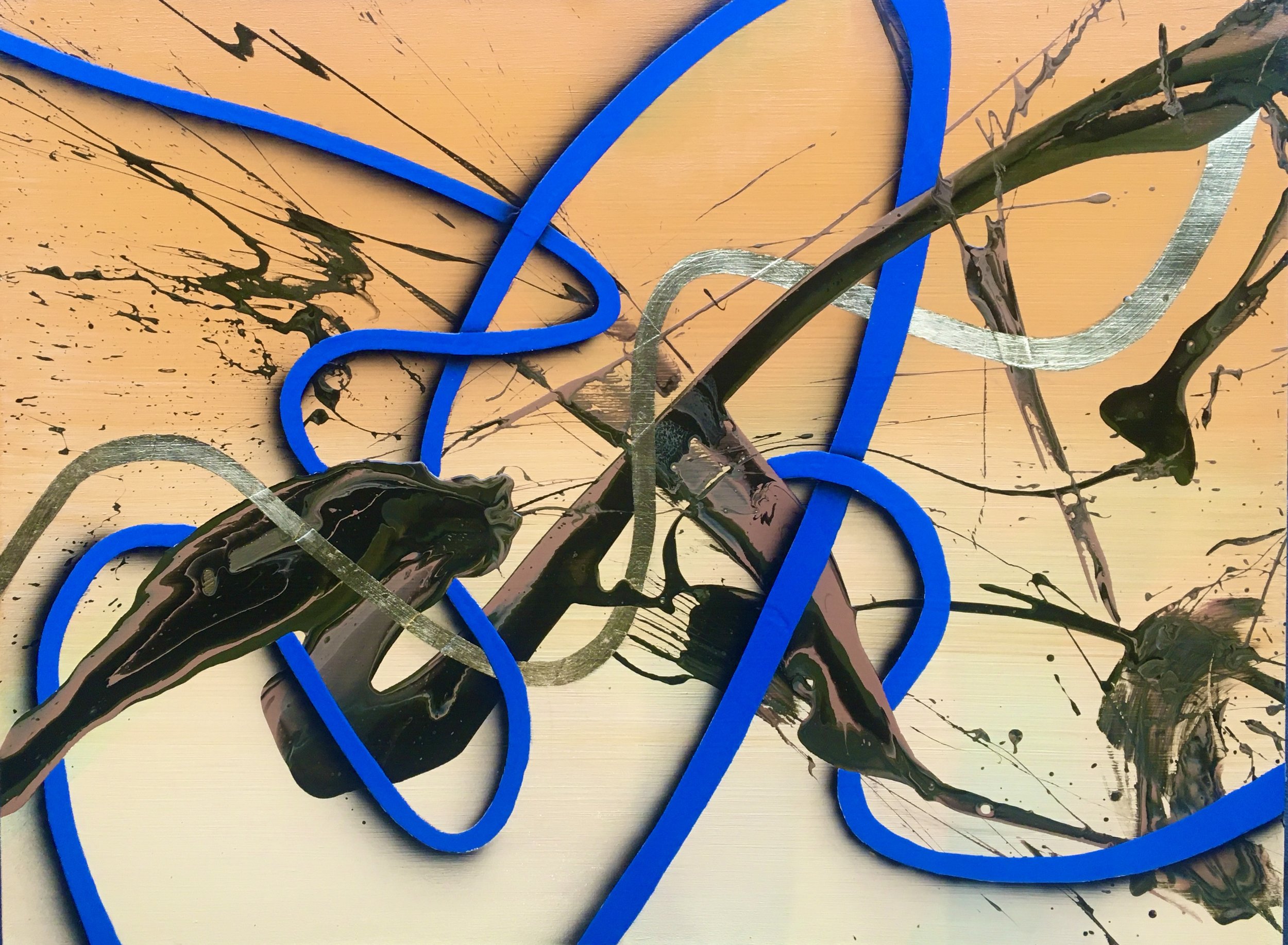 Abstract art with blue ribbon-like lines and dark splashes on a peach background