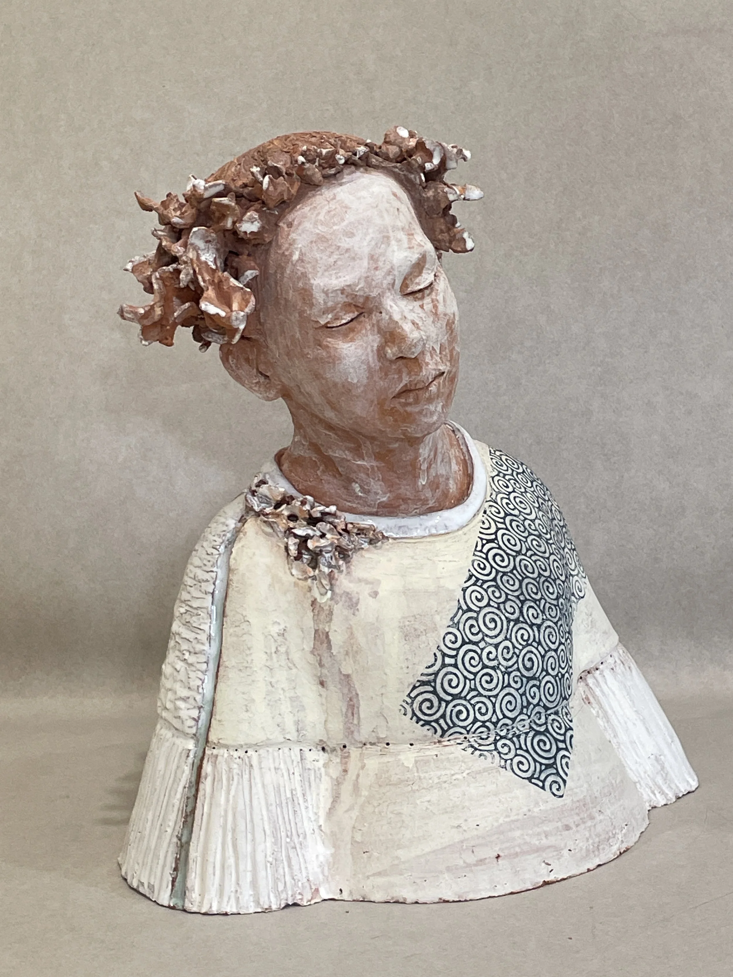 Florence  - raku T earthenware clay, slips and glazes - 30x27x19cm

