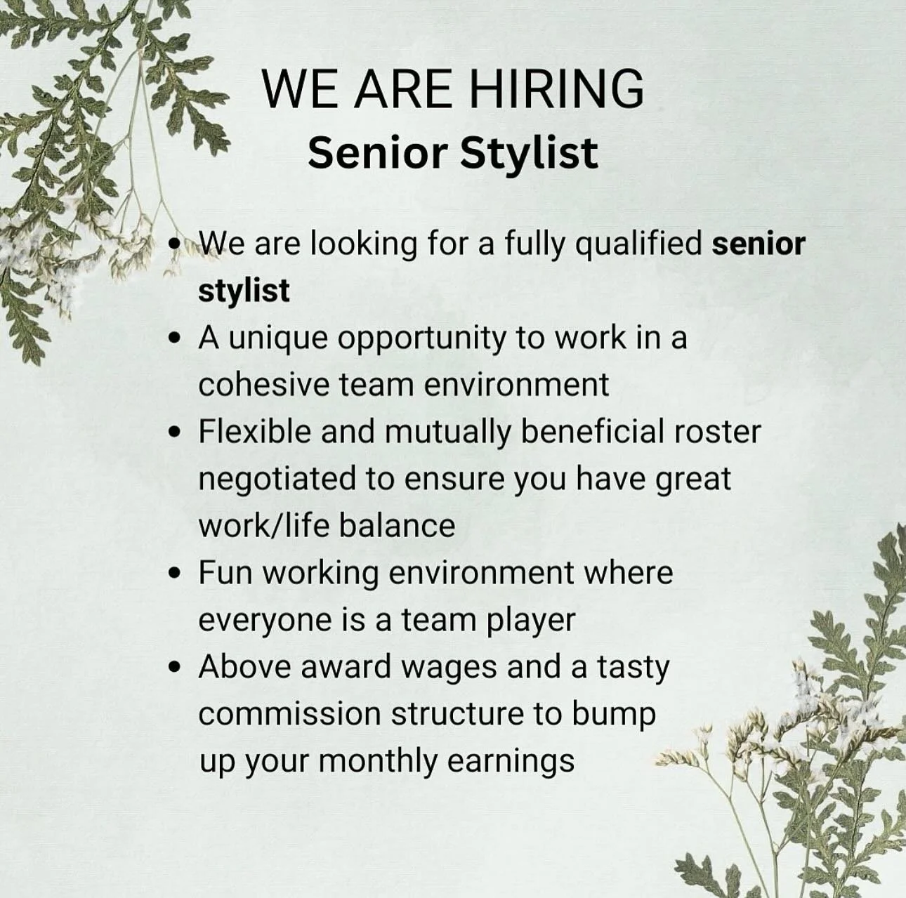 Outpost Hair is now looking to expand our team to another qualified senior stylist ✂️

➡️ Apply now at hanna@outposthair.com

Outpost Hair is a holistic, sustainable, and high-end salon that believes the key to our clients having an outstanding exper