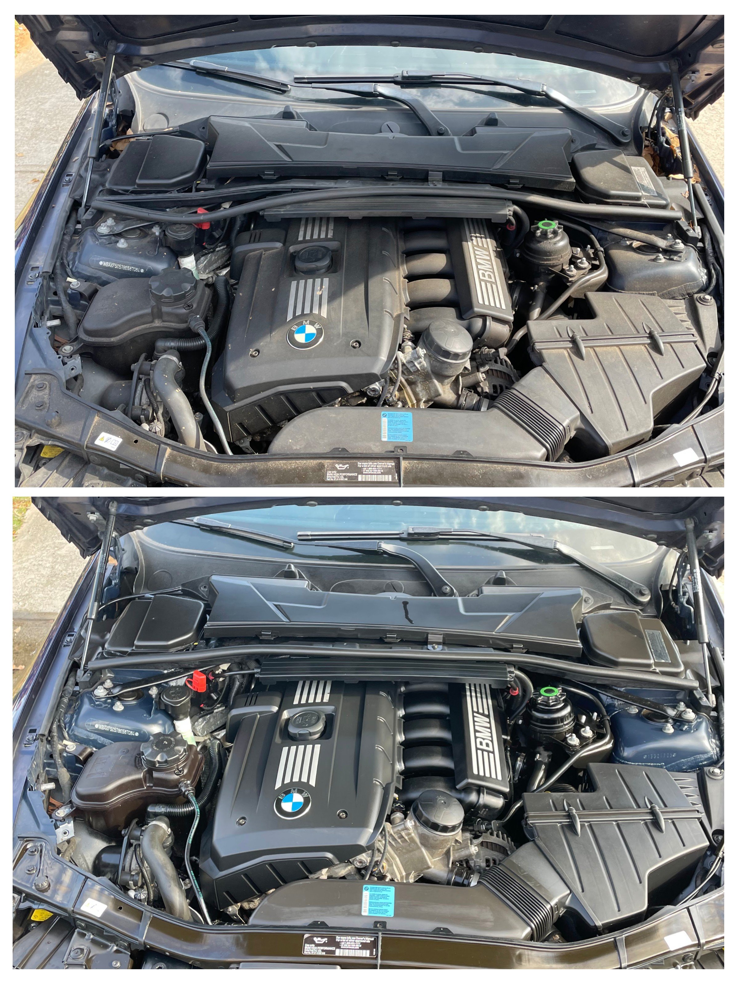 Two images of a BMW car engine under the hood, showcasing its various components and layout from different angles.