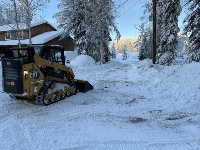 A CAT skid-steer loader clearing snow from a driveway near a house, with snow-covered trees and a partly cloudy sky in the background.