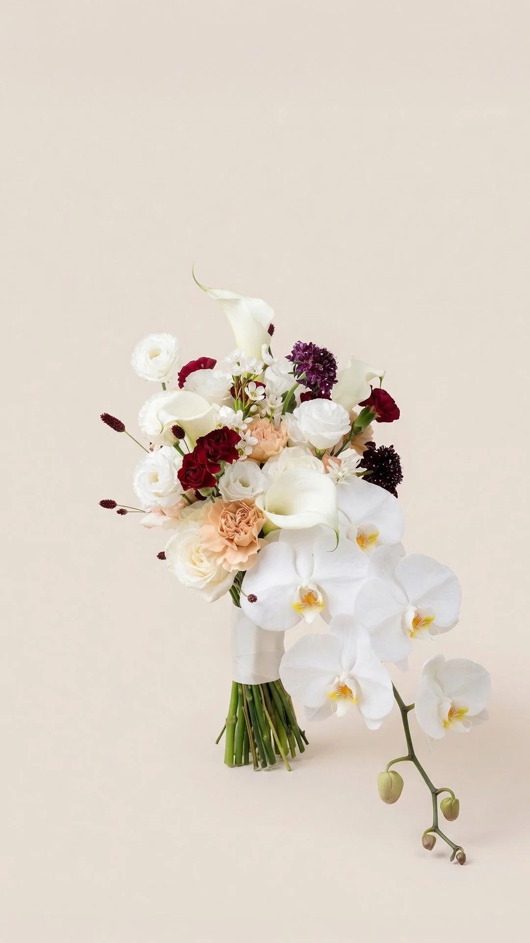 A bouquet of white calla lilies, orchids, blush roses, deep red and purple flowers, and greenery on a plain background