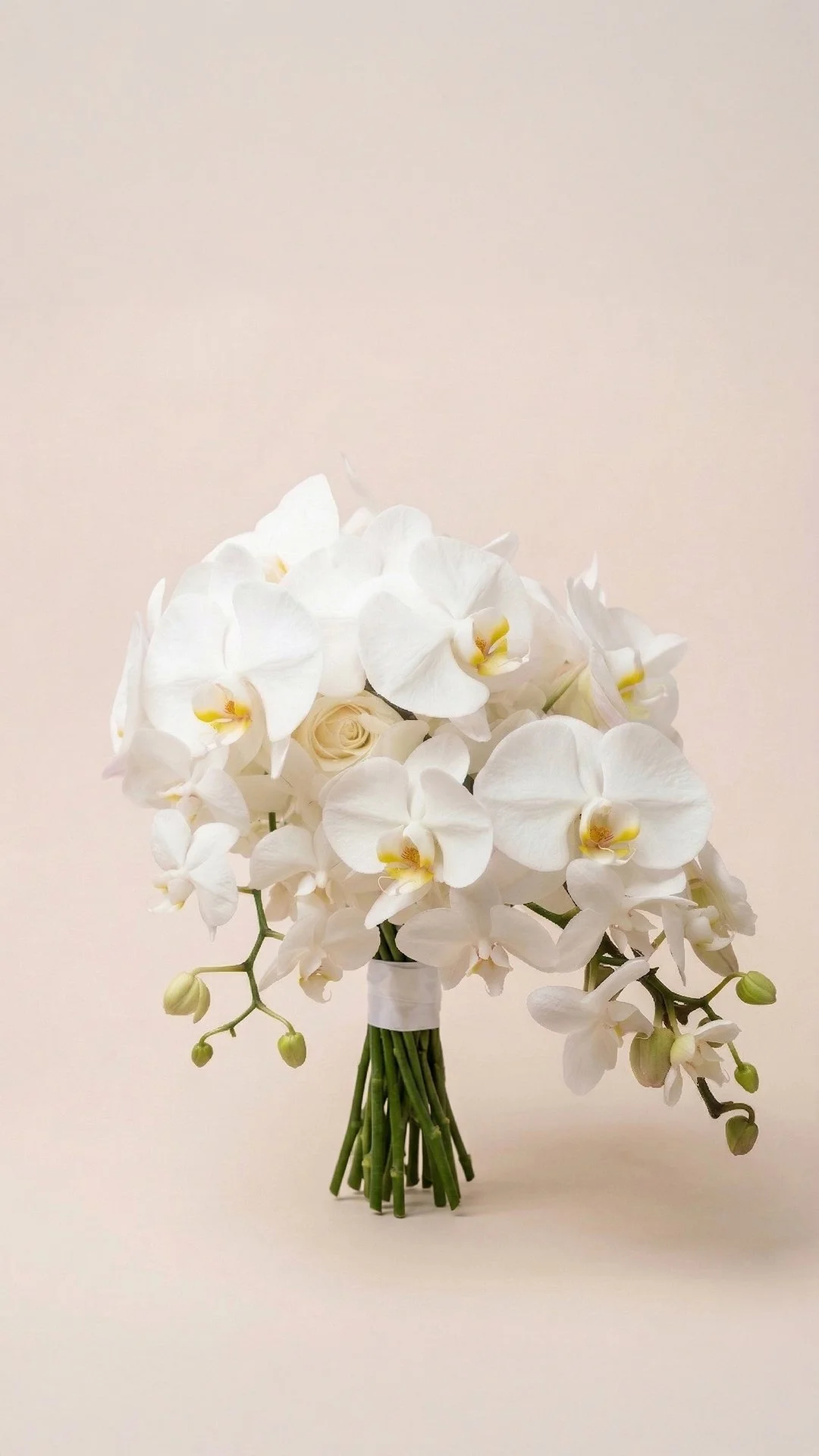 A white orchid bouquet with green stems, arranged with roses, wrapped with a white ribbon, against a plain light-colored background.