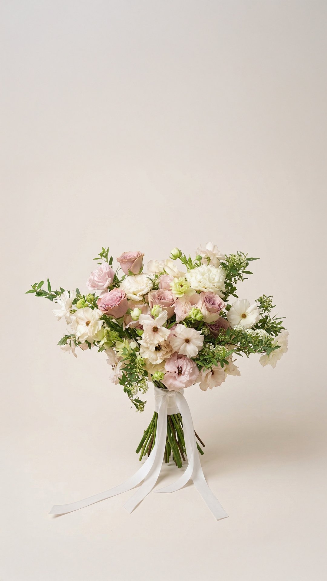 A bouquet of light pink, white, and pale green flowers with greenery, tied with a white ribbon.