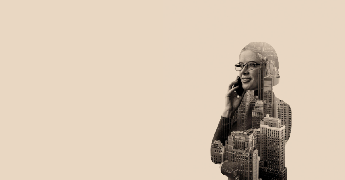 Double exposure of a woman talking on a cell phone with a cityscape overlay.