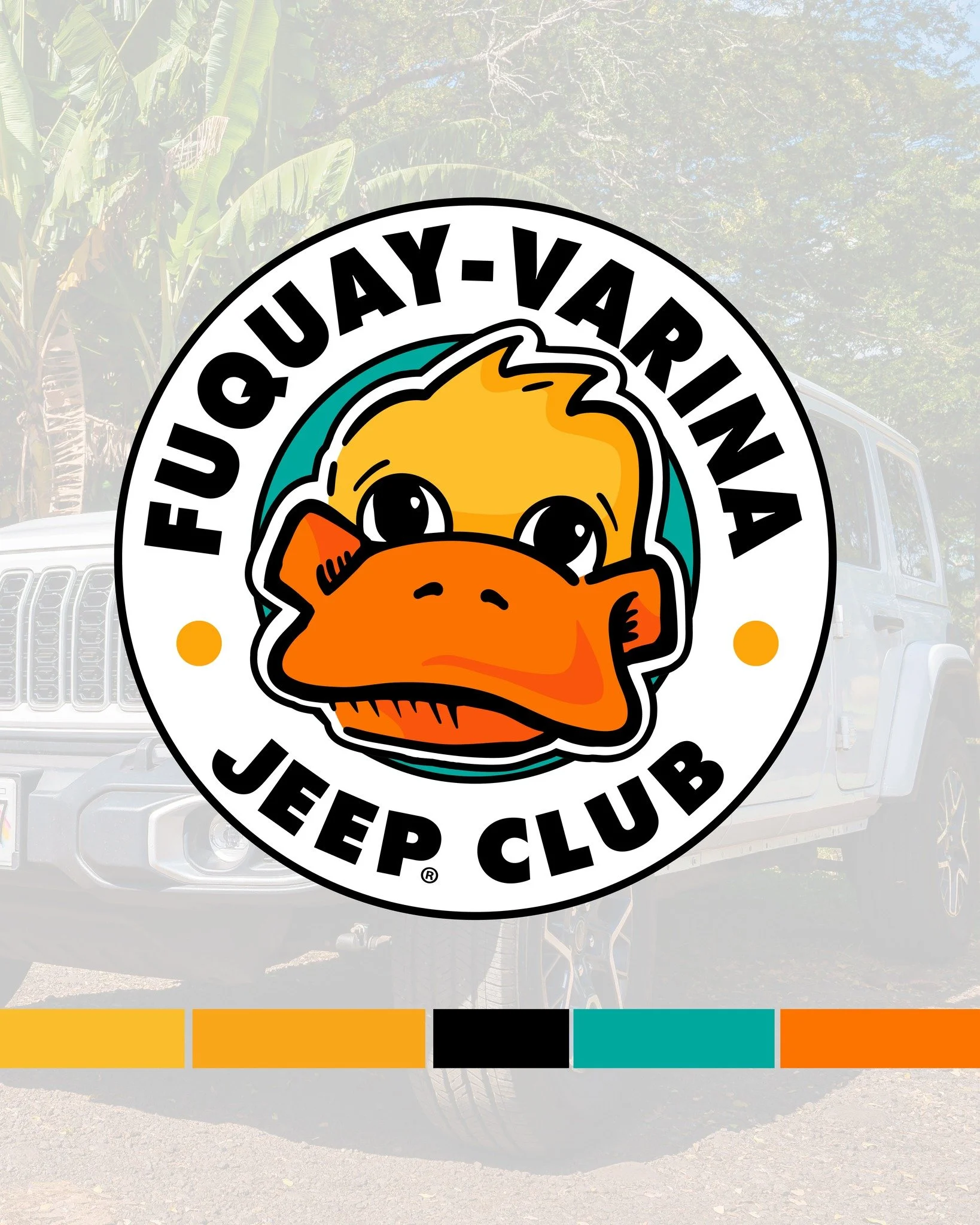 ⭐ 𝗕𝗥𝗔𝗡𝗗 𝗗𝗘𝗦𝗜𝗚𝗡 ⭐ 
Goal:  This non-profit client wanted a hand illustrated brand that combines playful personality with rugged adventure through bold, circular badge-style logos featuring a quirky duck mascot and a front-facing Jeep. A vibr