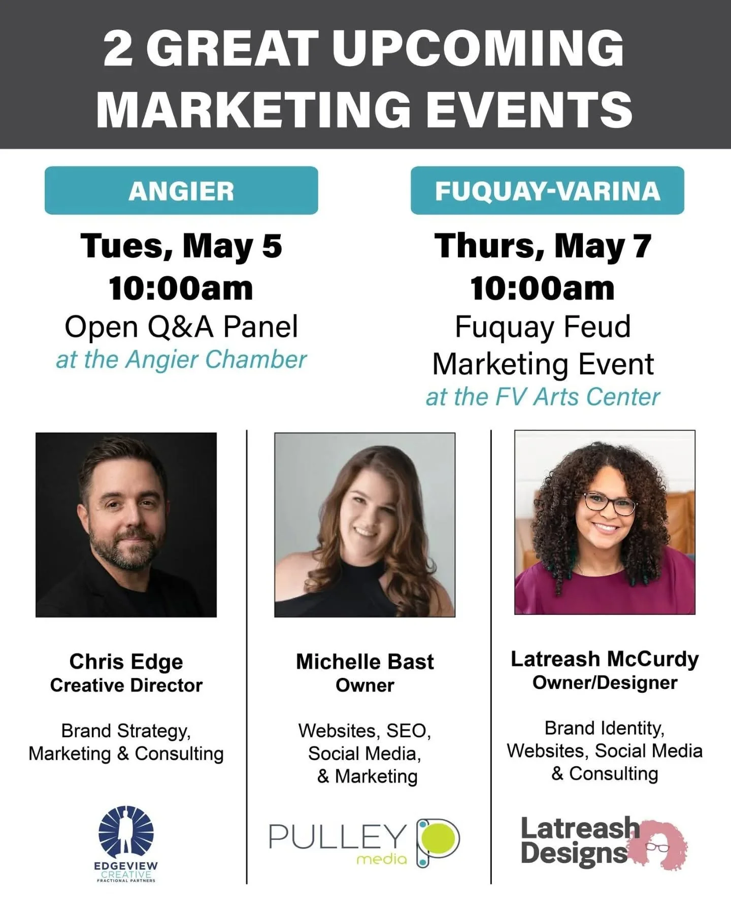 I am going to be at 𝟮 𝘀𝗽𝗲𝗮𝗸𝗶𝗻𝗴 𝗲𝘃𝗲𝗻𝘁𝘀 for marketing, social media and branding for small business week, with two other amazing marketing people!  One is in Angier and the other in Fuquay-Varina.  SIGN UP!

𝗔𝗡𝗚𝗜𝗘𝗥 𝗘𝗩𝗘𝗡𝗧: 𝗠𝗮