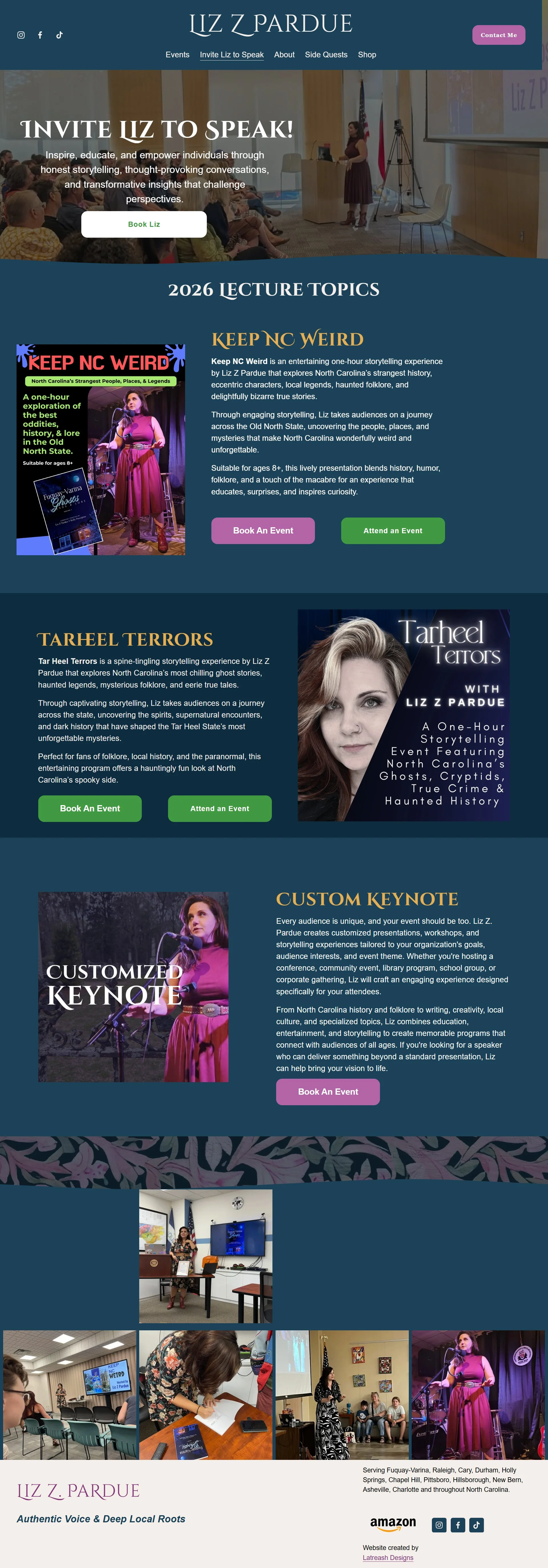 Screenshot of Liz Z Pardue's event website showcasing her story-telling events, keynote presentations, and upcoming workshops with images of her performing and hosting.