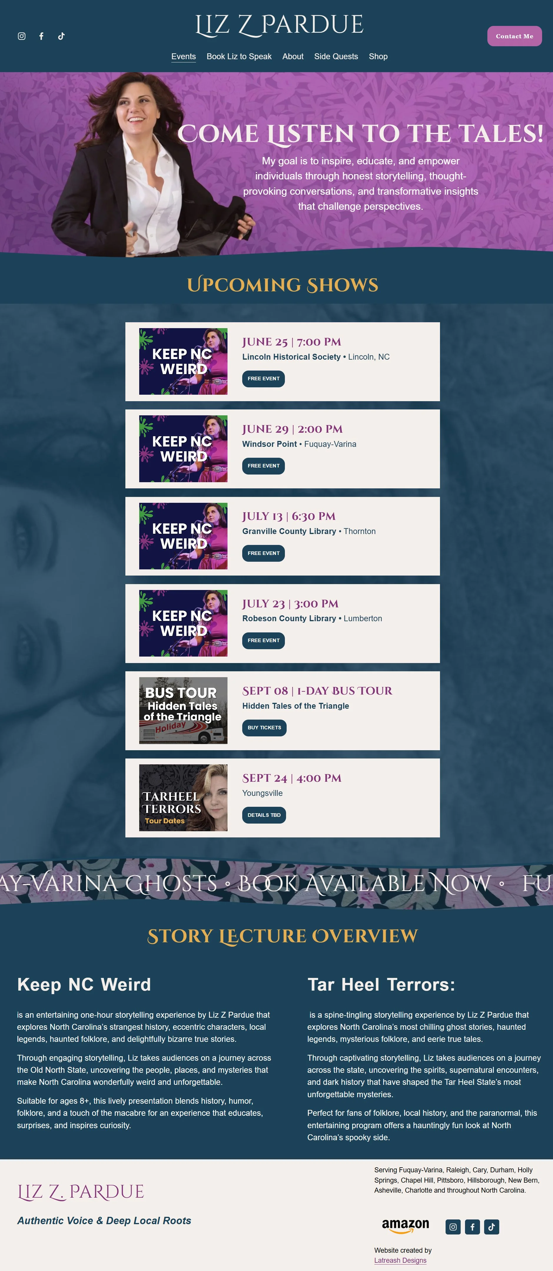 Website homepage for Liz Z Pardue with a photo of the author, upcoming storytelling events, and descriptions of her storytelling themes in North Carolina.