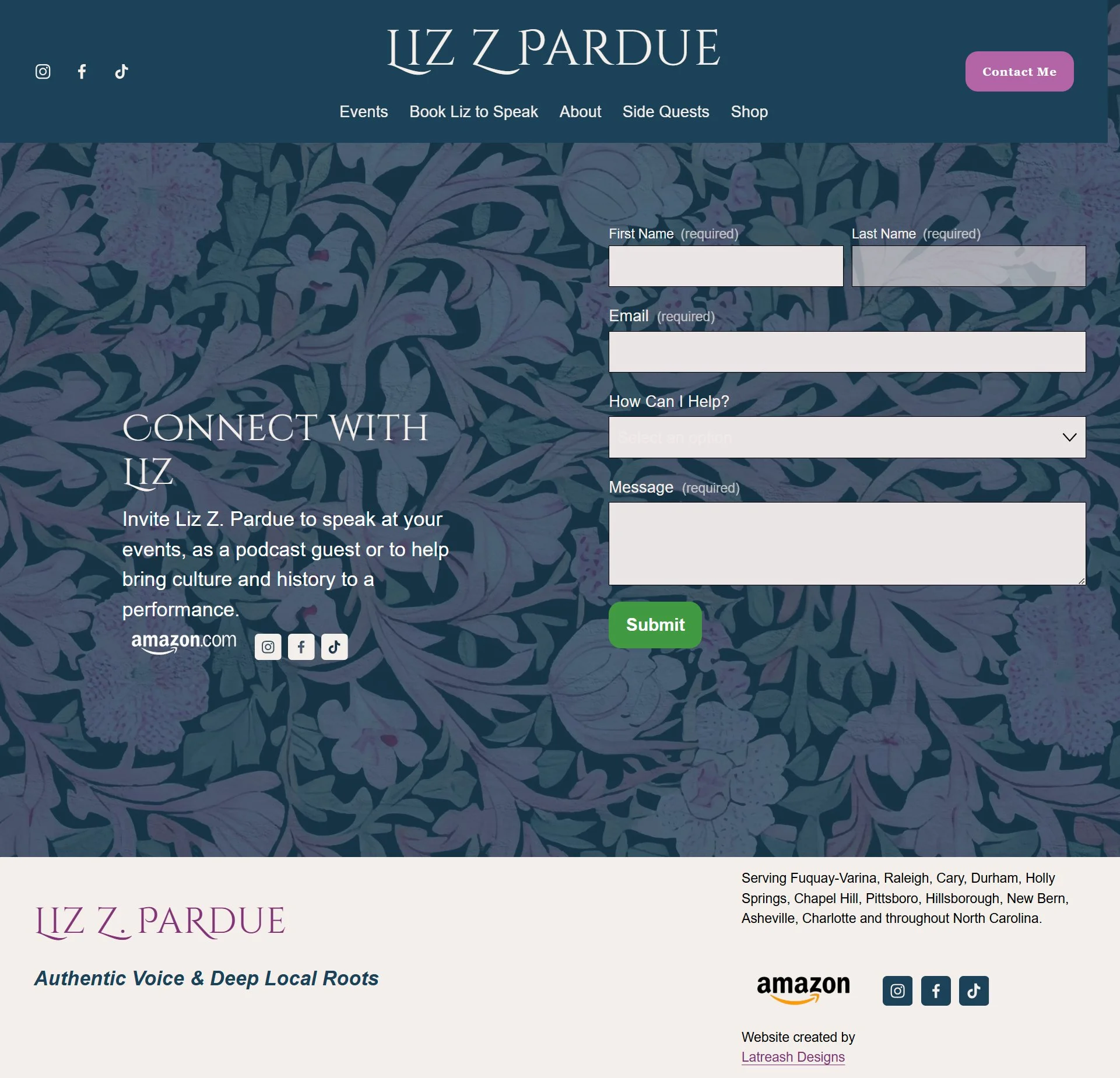 Screenshot of Liz Z Pardue's website homepage featuring the artist's name, navigation menu, contact form, social media icons, and a background floral pattern.
