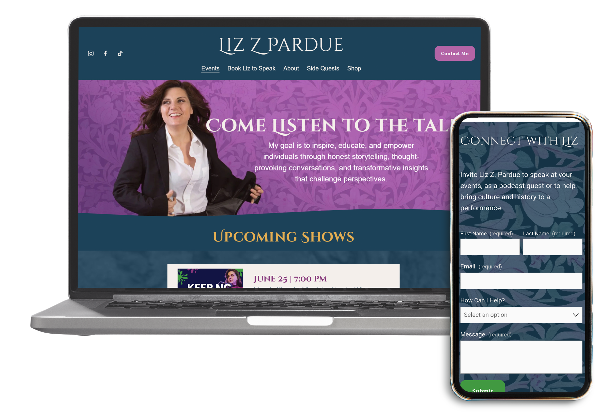 A laptop and a smartphone displaying a personal website for Liz Z Pardue, featuring navigation links, a welcome message, upcoming shows, and a contact form.