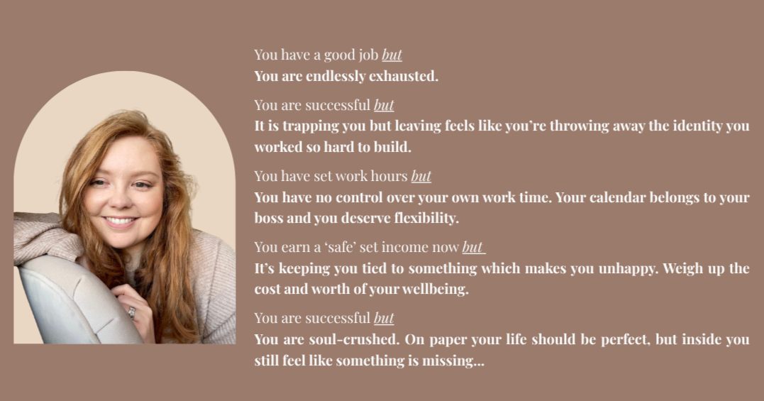 A smiling woman with long red hair sitting on a chair, wearing a beige sweater, with a beige and brown background featuring a motivational text about work and personal fulfillment.