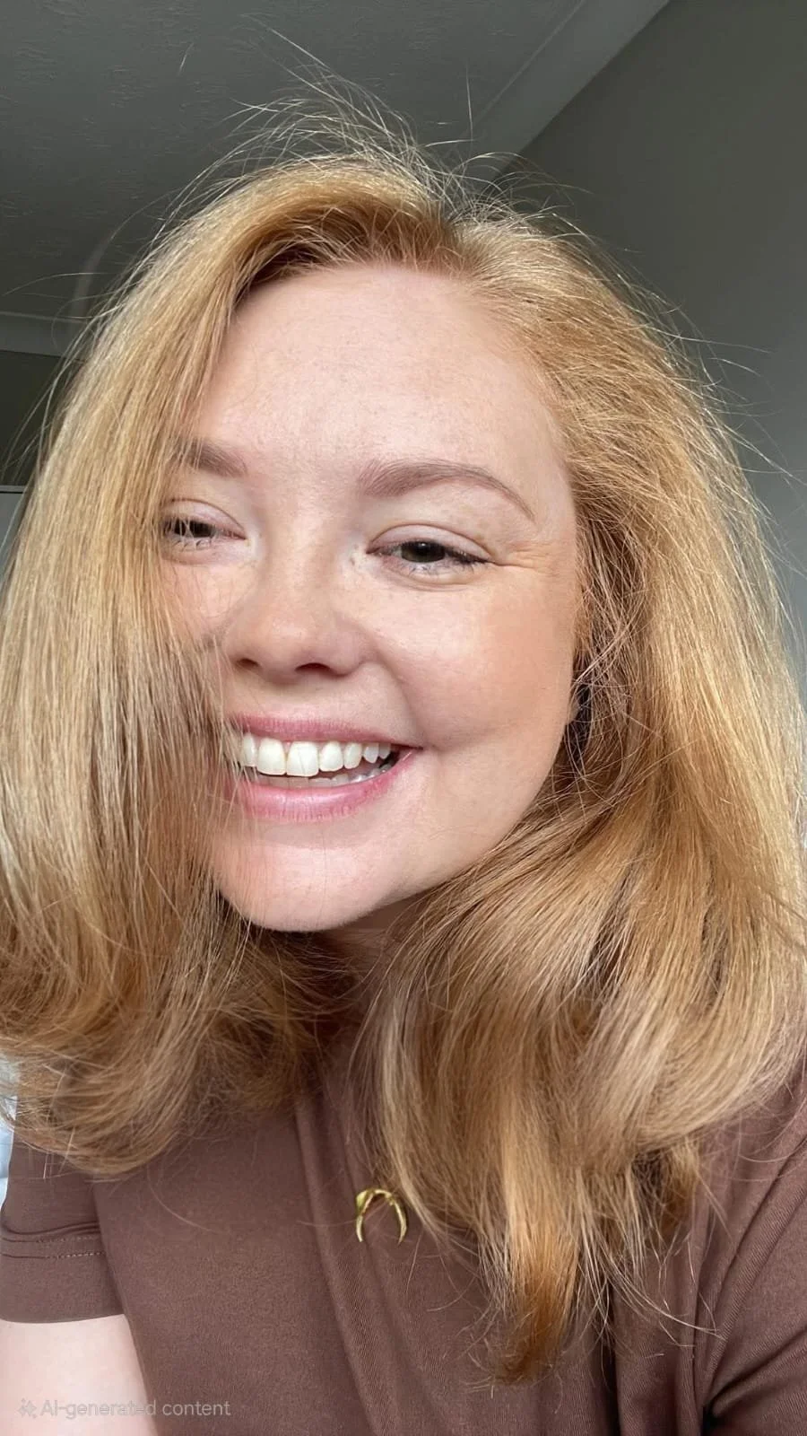 Close-up photo of a smiling woman with ginger hair and fair skin, wearing a brown top.